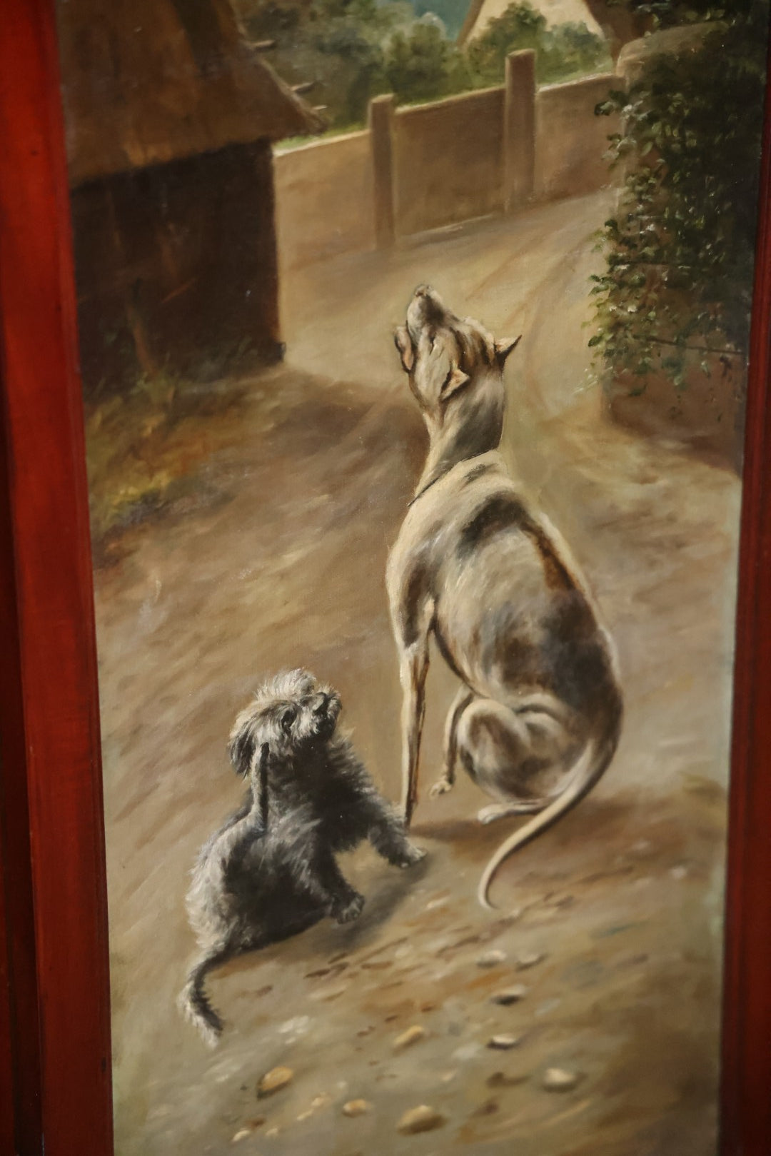 Antique Three Section Room Divider Screen With Hand Painted Scenes Of Dogs, Including Pitbull Dog And Her Pups, Two Dogs Looking At Moon, Three Dogs Chasing Cat Up Tree, Artist Signed E. Underwood, 1908, Landscape, Waterfall Scenes On Verso
