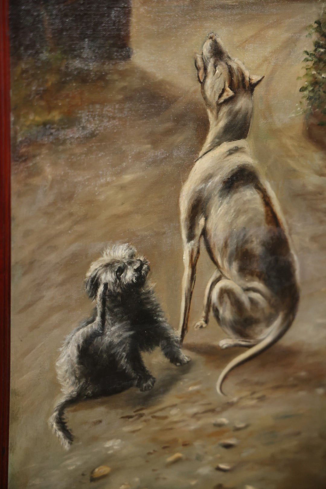 Antique Three Section Room Divider Screen With Hand Painted Scenes Of Dogs, Including Pitbull Dog And Her Pups, Two Dogs Looking At Moon, Three Dogs Chasing Cat Up Tree, Artist Signed E. Underwood, 1908, Landscape, Waterfall Scenes On Verso