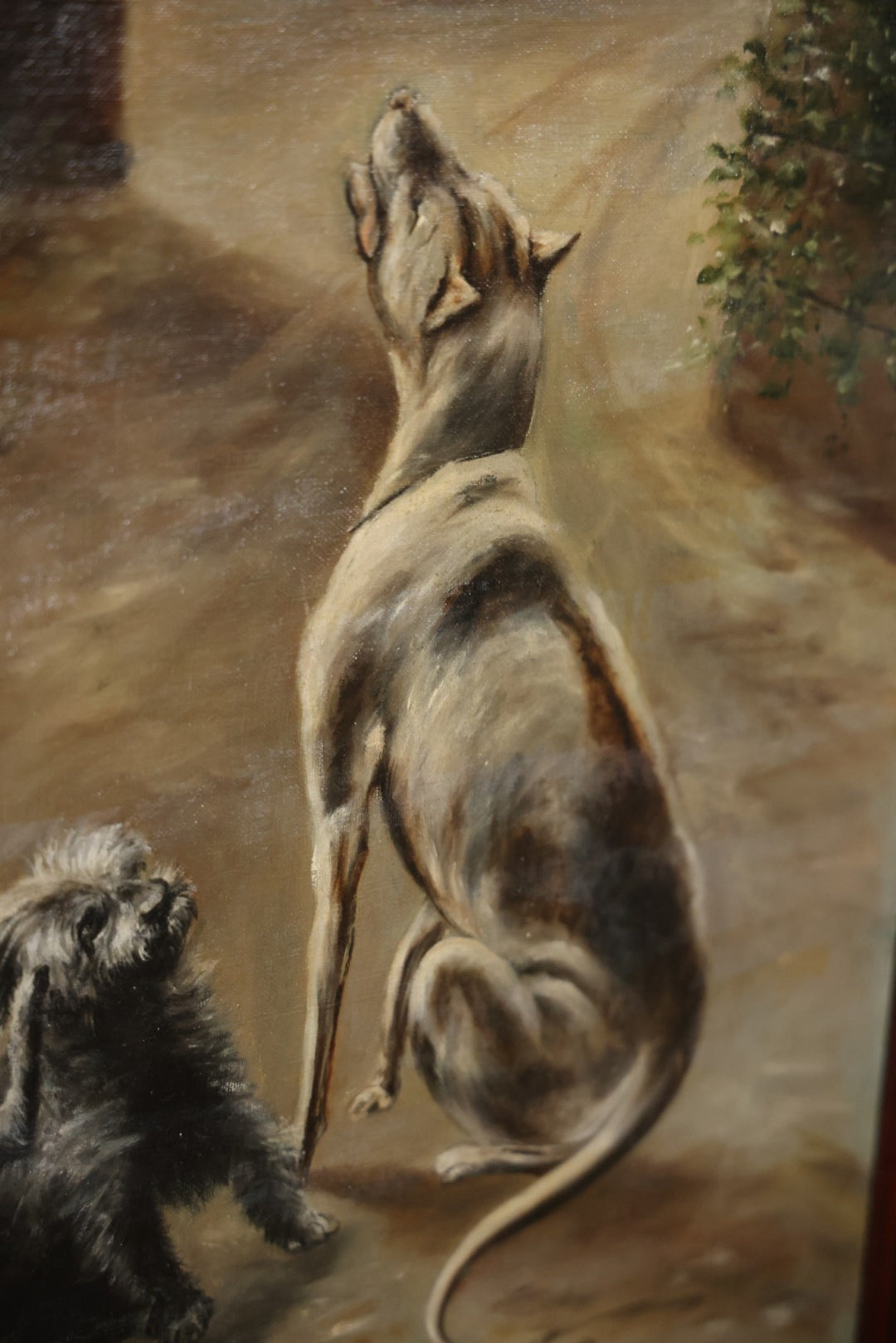 Antique Three Section Room Divider Screen With Hand Painted Scenes Of Dogs, Including Pitbull Dog And Her Pups, Two Dogs Looking At Moon, Three Dogs Chasing Cat Up Tree, Artist Signed E. Underwood, 1908, Landscape, Waterfall Scenes On Verso