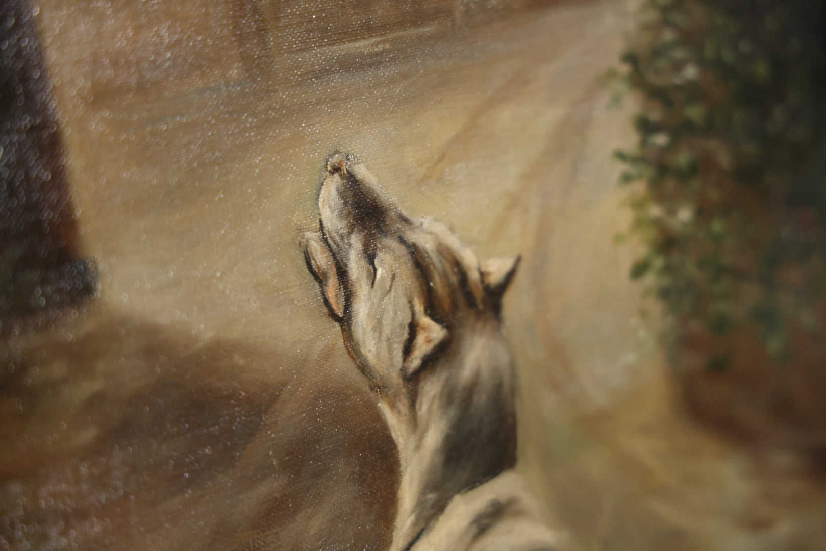 Antique Three Section Room Divider Screen With Hand Painted Scenes Of Dogs, Including Pitbull Dog And Her Pups, Two Dogs Looking At Moon, Three Dogs Chasing Cat Up Tree, Artist Signed E. Underwood, 1908, Landscape, Waterfall Scenes On Verso
