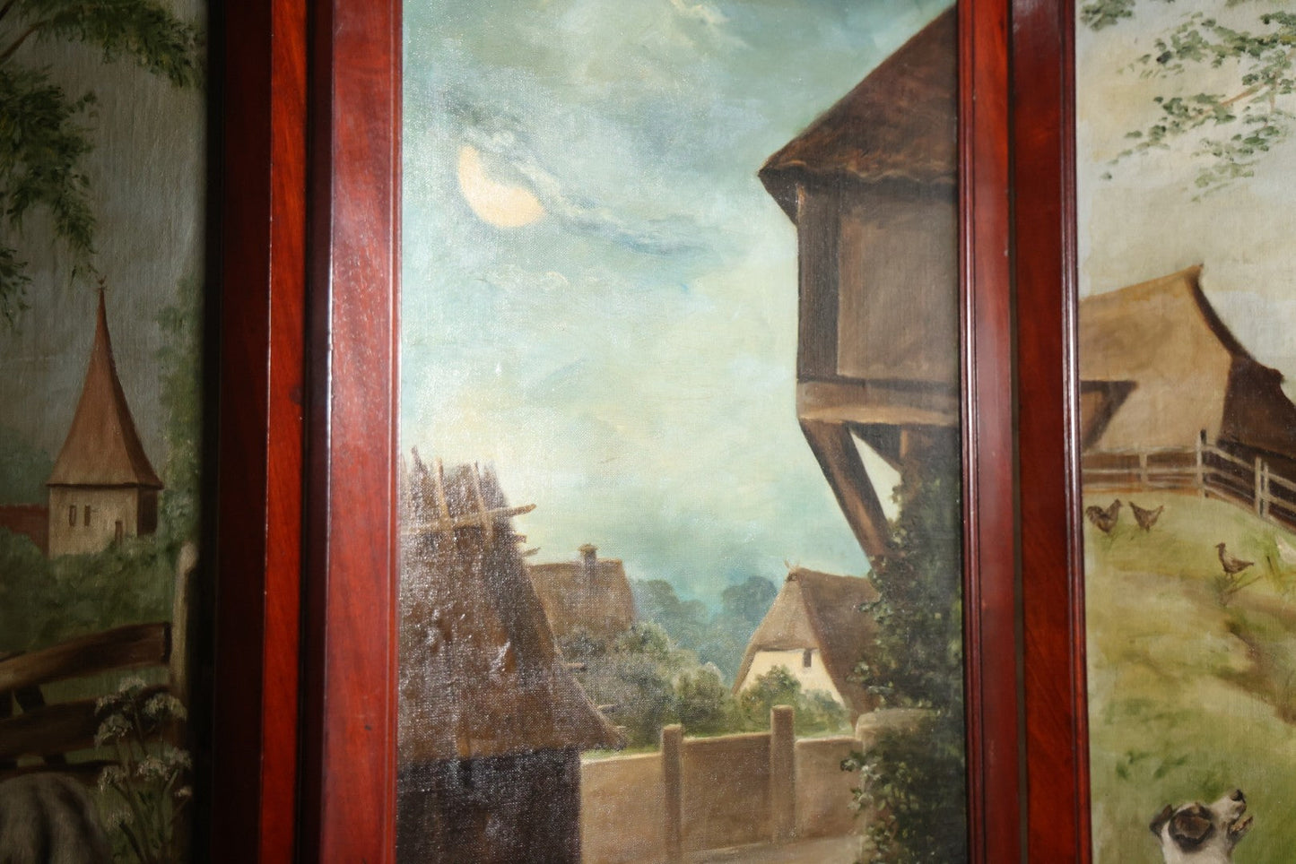Antique Three Section Room Divider Screen With Hand Painted Scenes Of Dogs, Including Pitbull Dog And Her Pups, Two Dogs Looking At Moon, Three Dogs Chasing Cat Up Tree, Artist Signed E. Underwood, 1908, Landscape, Waterfall Scenes On Verso