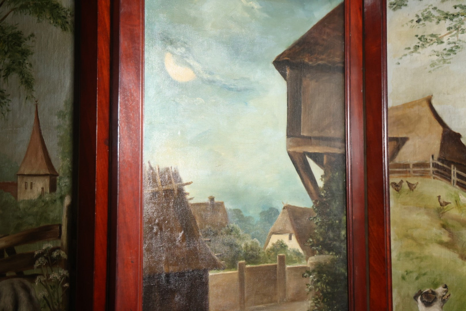 Antique Three Section Room Divider Screen With Hand Painted Scenes Of Dogs, Including Pitbull Dog And Her Pups, Two Dogs Looking At Moon, Three Dogs Chasing Cat Up Tree, Artist Signed E. Underwood, 1908, Landscape, Waterfall Scenes On Verso