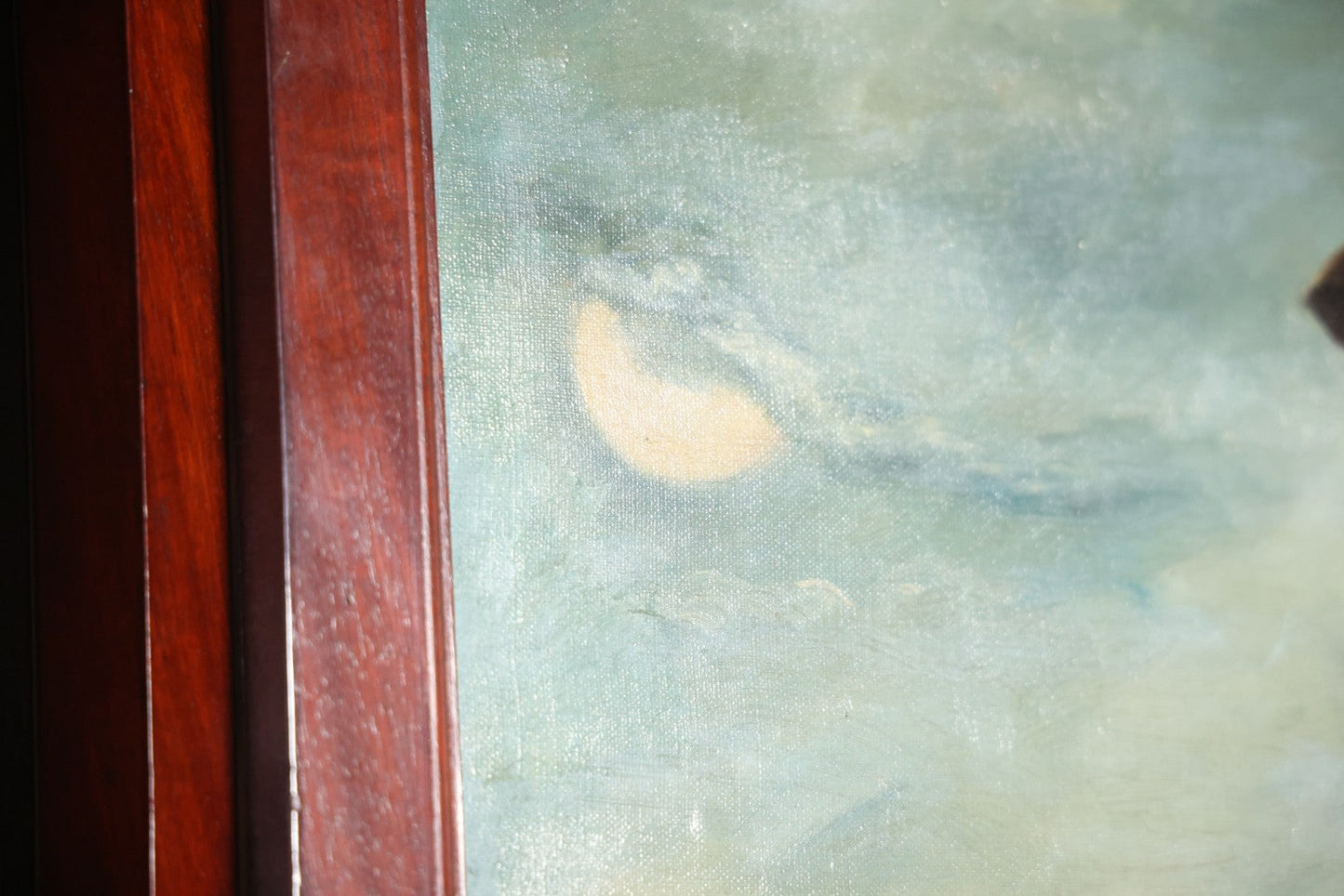 Antique Three Section Room Divider Screen With Hand Painted Scenes Of Dogs, Including Pitbull Dog And Her Pups, Two Dogs Looking At Moon, Three Dogs Chasing Cat Up Tree, Artist Signed E. Underwood, 1908, Landscape, Waterfall Scenes On Verso