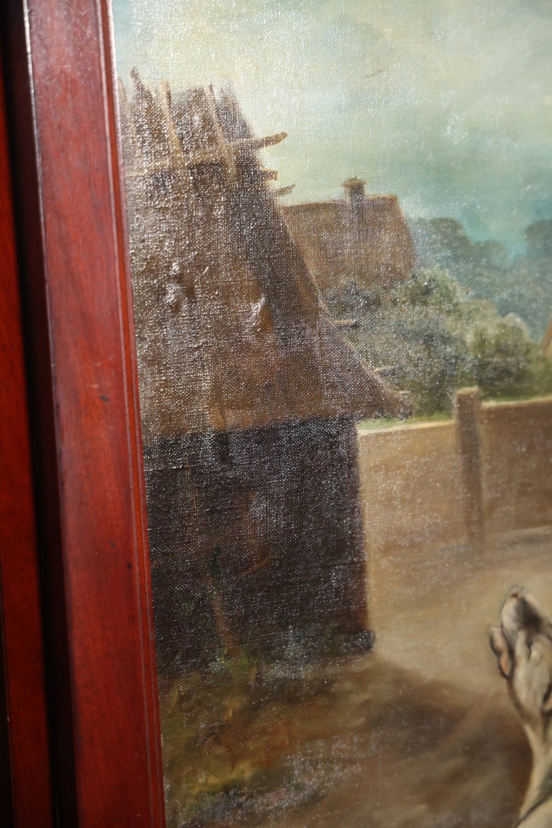Antique Three Section Room Divider Screen With Hand Painted Scenes Of Dogs, Including Pitbull Dog And Her Pups, Two Dogs Looking At Moon, Three Dogs Chasing Cat Up Tree, Artist Signed E. Underwood, 1908, Landscape, Waterfall Scenes On Verso