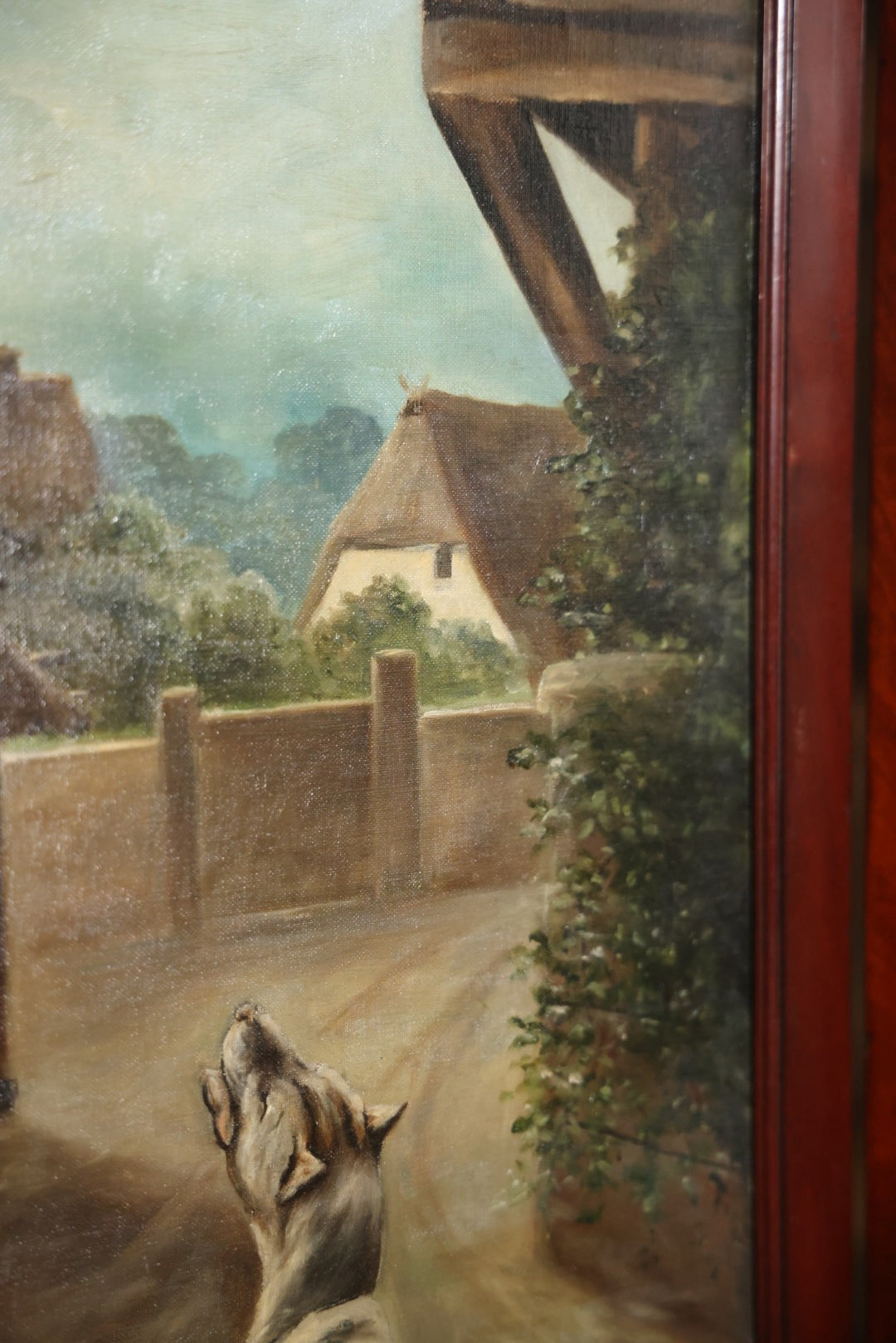Antique Three Section Room Divider Screen With Hand Painted Scenes Of Dogs, Including Pitbull Dog And Her Pups, Two Dogs Looking At Moon, Three Dogs Chasing Cat Up Tree, Artist Signed E. Underwood, 1908, Landscape, Waterfall Scenes On Verso