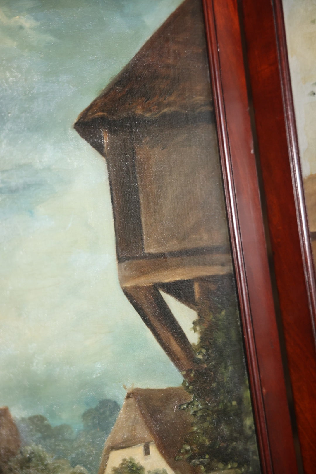 Antique Three Section Room Divider Screen With Hand Painted Scenes Of Dogs, Including Pitbull Dog And Her Pups, Two Dogs Looking At Moon, Three Dogs Chasing Cat Up Tree, Artist Signed E. Underwood, 1908, Landscape, Waterfall Scenes On Verso