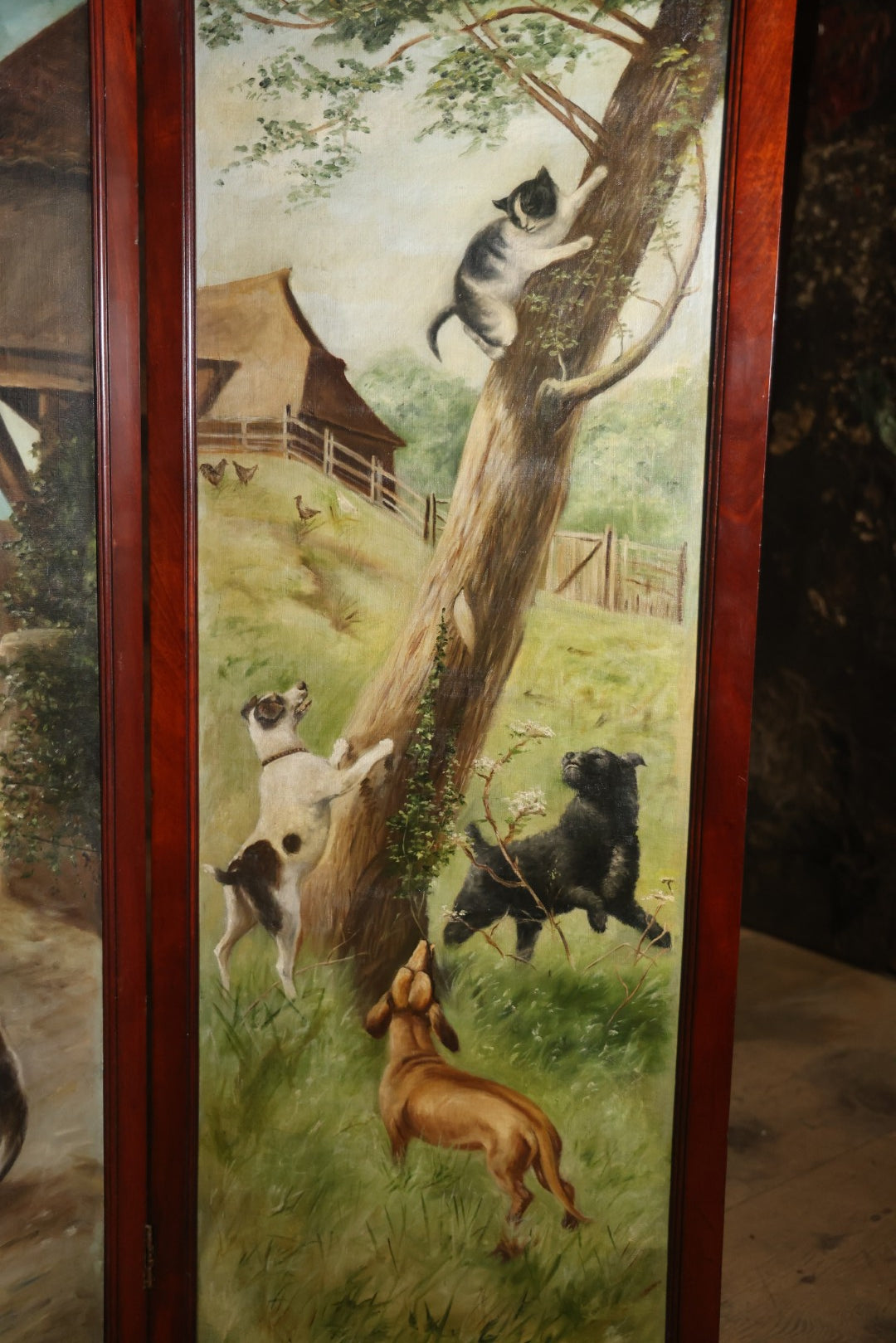 Antique Three Section Room Divider Screen With Hand Painted Scenes Of Dogs, Including Pitbull Dog And Her Pups, Two Dogs Looking At Moon, Three Dogs Chasing Cat Up Tree, Artist Signed E. Underwood, 1908, Landscape, Waterfall Scenes On Verso