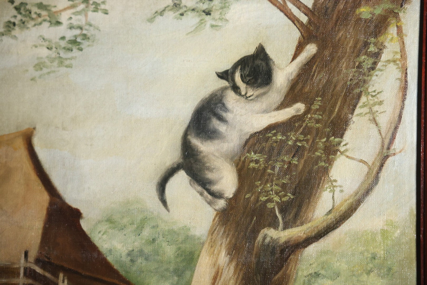 Antique Three Section Room Divider Screen With Hand Painted Scenes Of Dogs, Including Pitbull Dog And Her Pups, Two Dogs Looking At Moon, Three Dogs Chasing Cat Up Tree, Artist Signed E. Underwood, 1908, Landscape, Waterfall Scenes On Verso