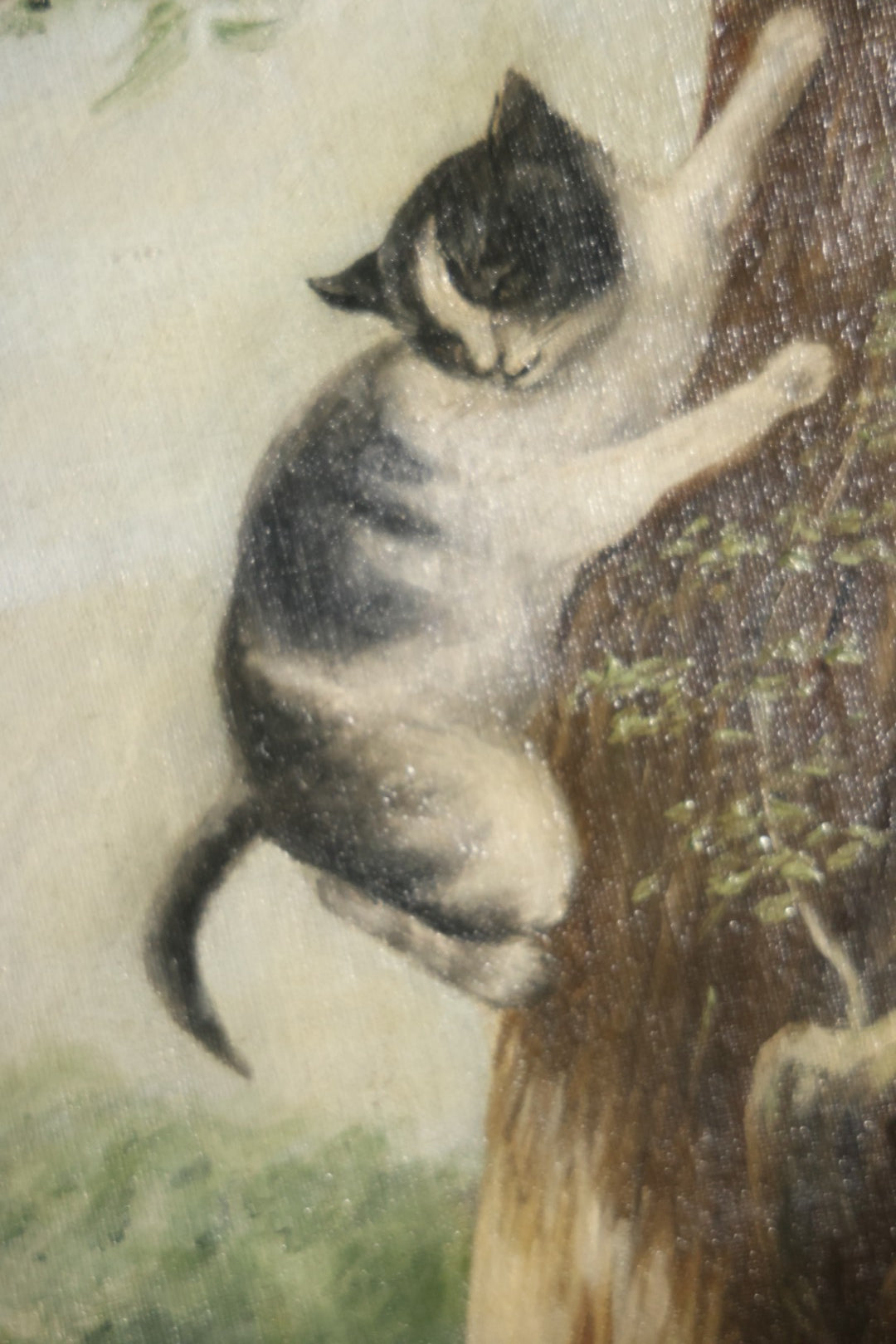 Antique Three Section Room Divider Screen With Hand Painted Scenes Of Dogs, Including Pitbull Dog And Her Pups, Two Dogs Looking At Moon, Three Dogs Chasing Cat Up Tree, Artist Signed E. Underwood, 1908, Landscape, Waterfall Scenes On Verso