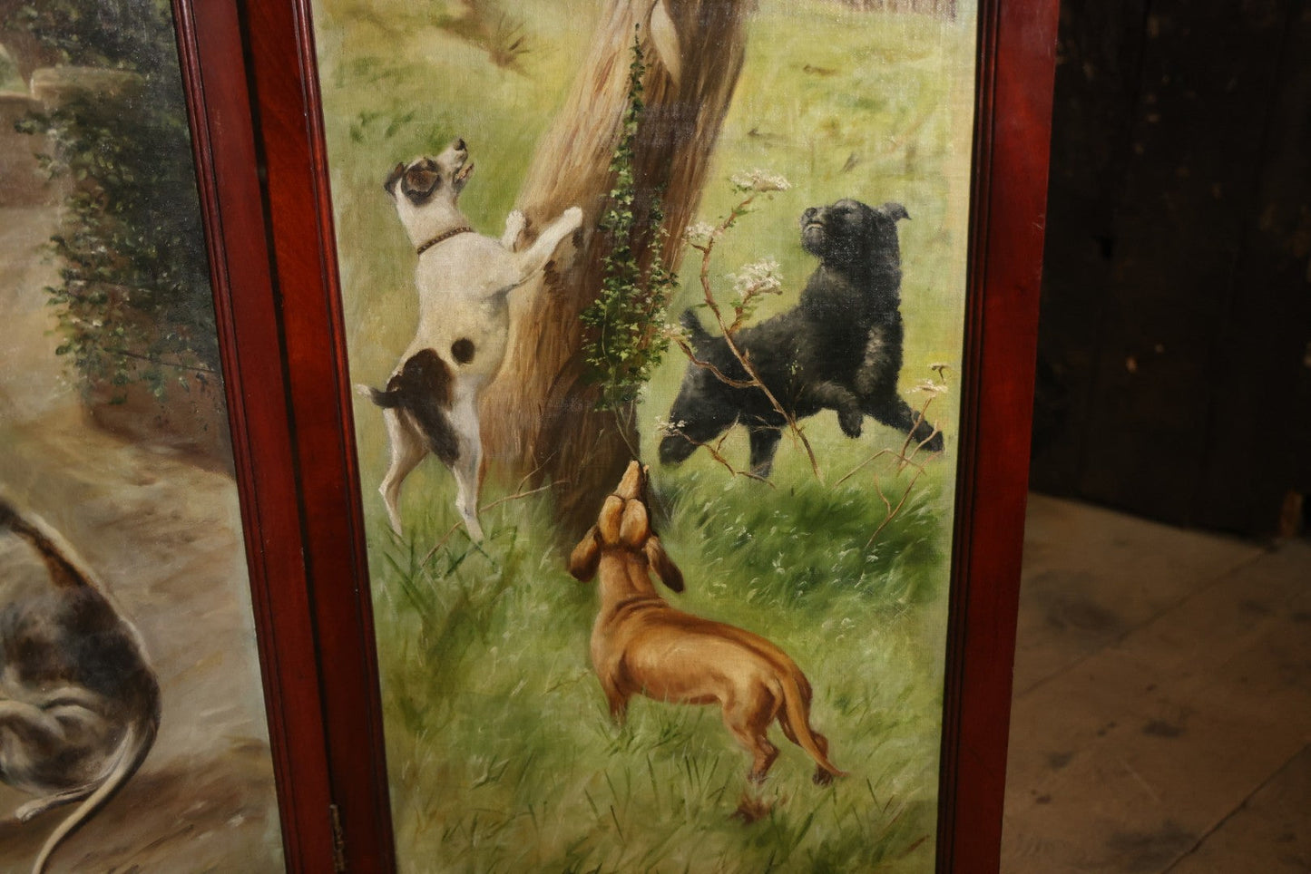 Antique Three Section Room Divider Screen With Hand Painted Scenes Of Dogs, Including Pitbull Dog And Her Pups, Two Dogs Looking At Moon, Three Dogs Chasing Cat Up Tree, Artist Signed E. Underwood, 1908, Landscape, Waterfall Scenes On Verso