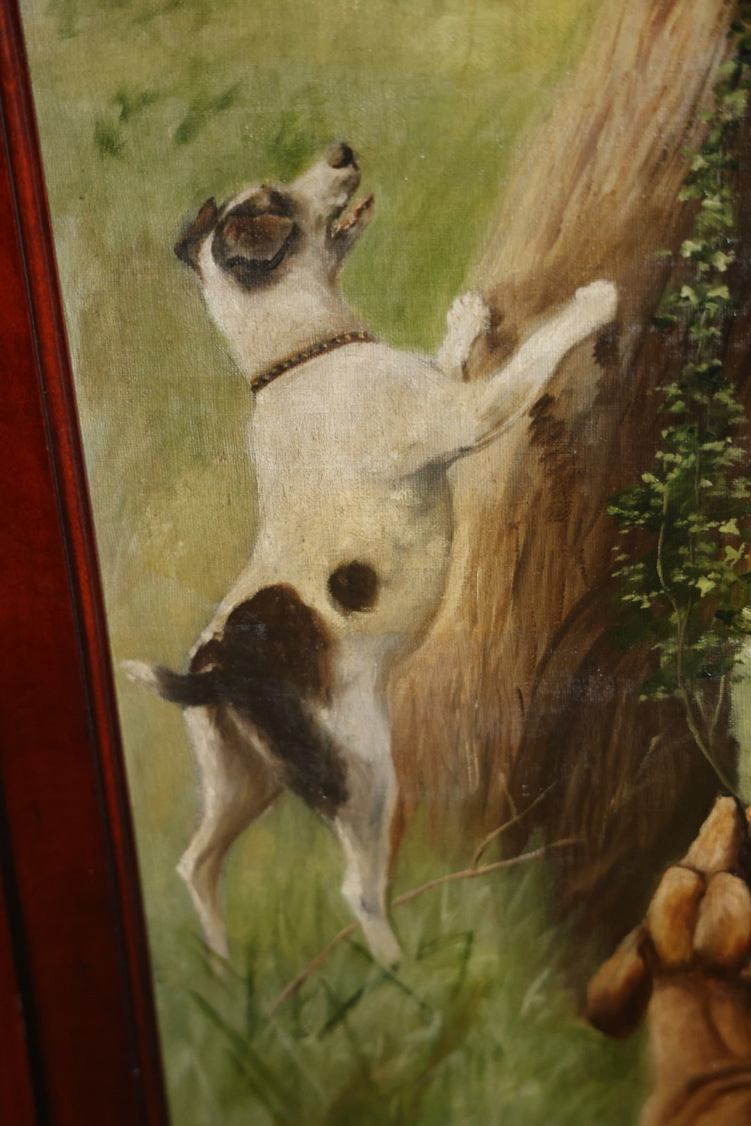 Antique Three Section Room Divider Screen With Hand Painted Scenes Of Dogs, Including Pitbull Dog And Her Pups, Two Dogs Looking At Moon, Three Dogs Chasing Cat Up Tree, Artist Signed E. Underwood, 1908, Landscape, Waterfall Scenes On Verso