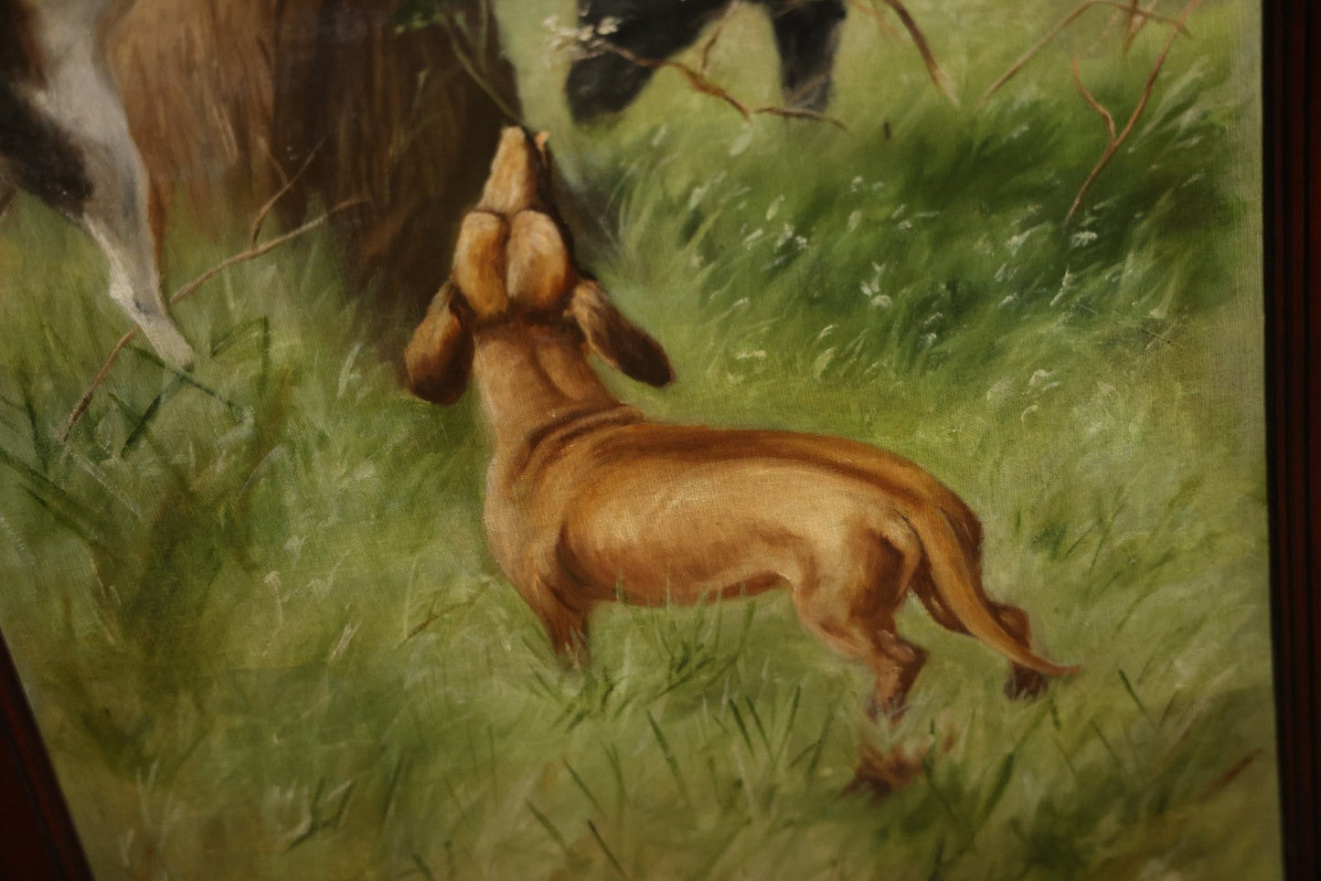 Antique Three Section Room Divider Screen With Hand Painted Scenes Of Dogs, Including Pitbull Dog And Her Pups, Two Dogs Looking At Moon, Three Dogs Chasing Cat Up Tree, Artist Signed E. Underwood, 1908, Landscape, Waterfall Scenes On Verso