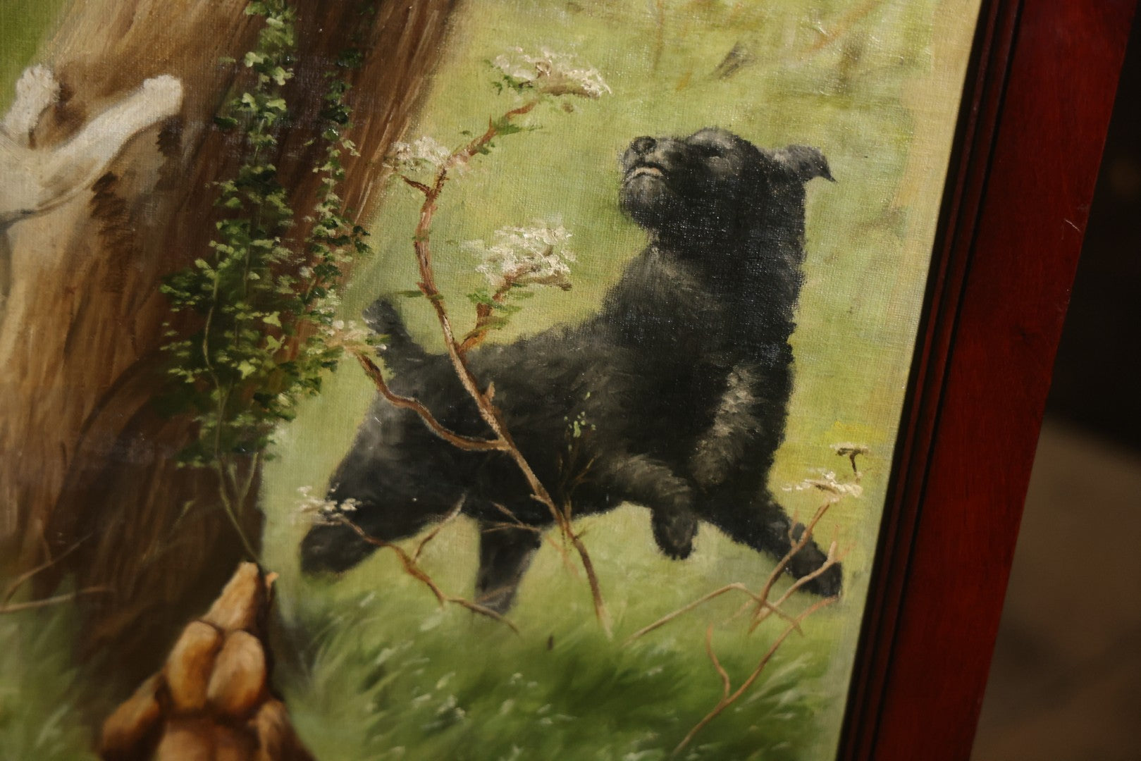 Antique Three Section Room Divider Screen With Hand Painted Scenes Of Dogs, Including Pitbull Dog And Her Pups, Two Dogs Looking At Moon, Three Dogs Chasing Cat Up Tree, Artist Signed E. Underwood, 1908, Landscape, Waterfall Scenes On Verso