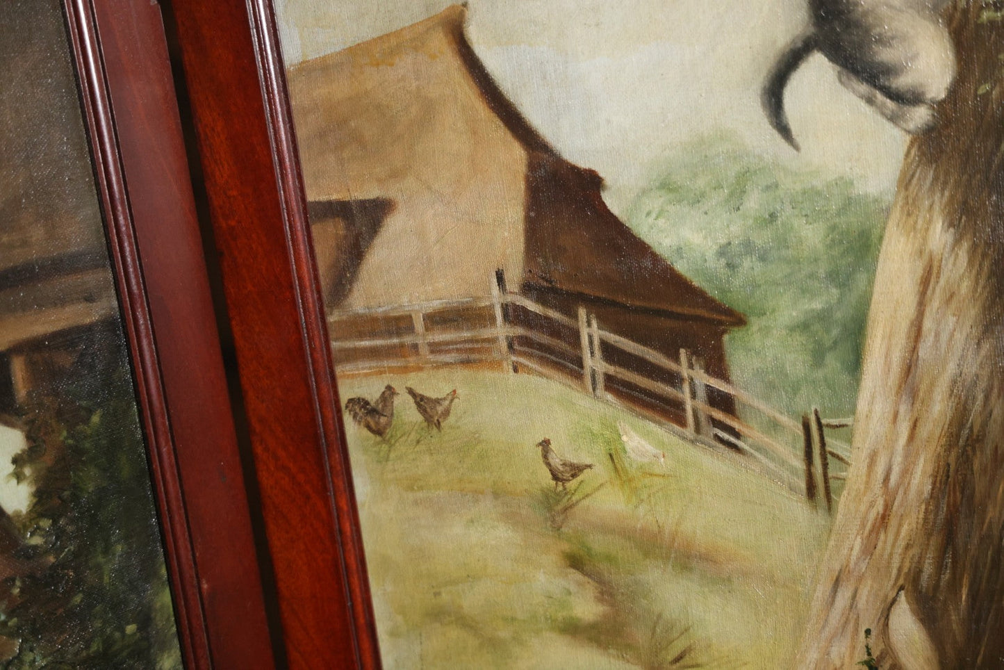 Antique Three Section Room Divider Screen With Hand Painted Scenes Of Dogs, Including Pitbull Dog And Her Pups, Two Dogs Looking At Moon, Three Dogs Chasing Cat Up Tree, Artist Signed E. Underwood, 1908, Landscape, Waterfall Scenes On Verso