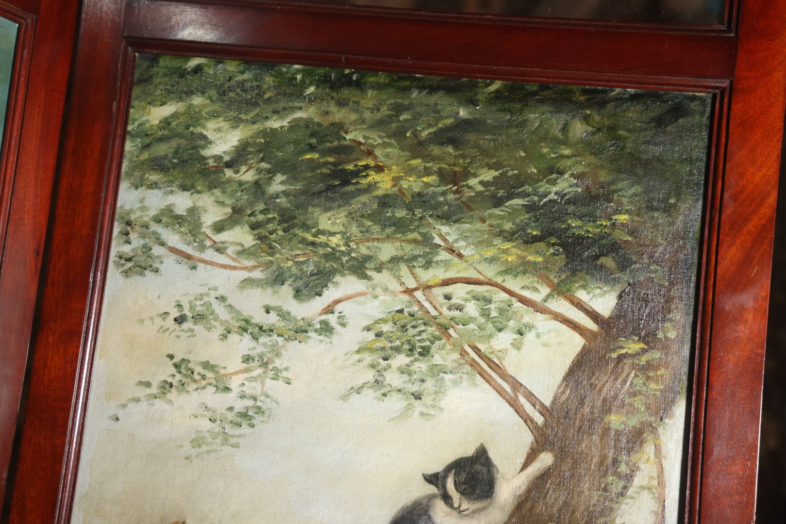 Antique Three Section Room Divider Screen With Hand Painted Scenes Of Dogs, Including Pitbull Dog And Her Pups, Two Dogs Looking At Moon, Three Dogs Chasing Cat Up Tree, Artist Signed E. Underwood, 1908, Landscape, Waterfall Scenes On Verso