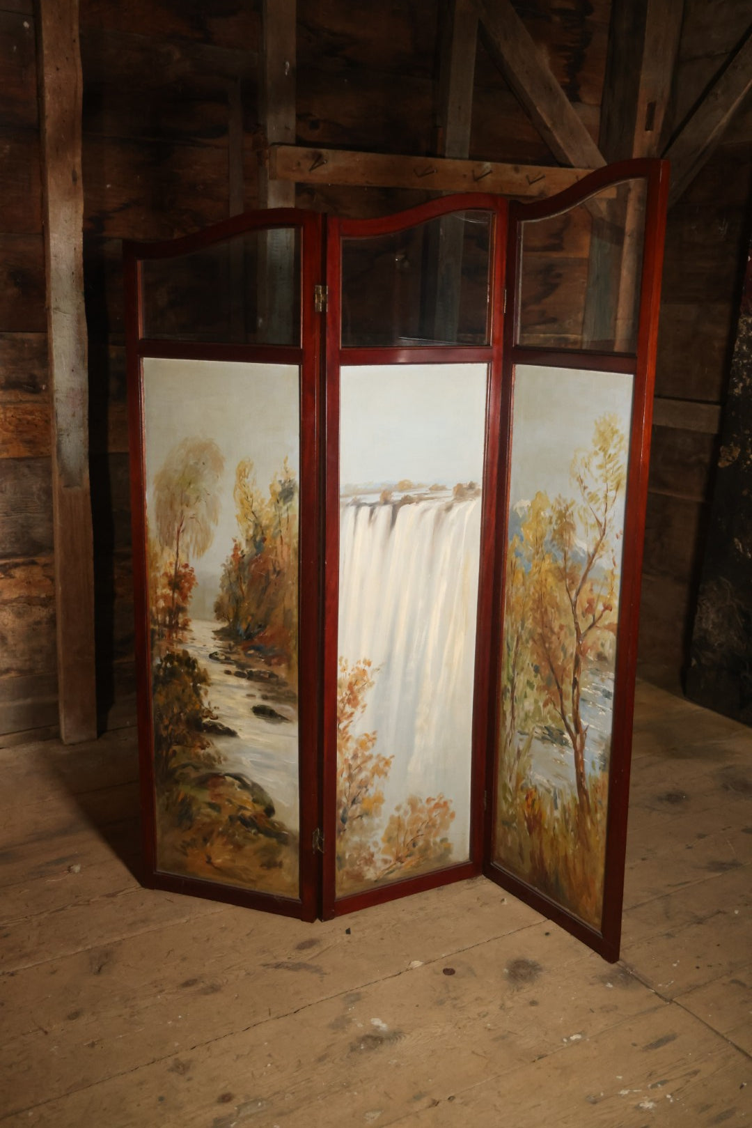 Antique Three Section Room Divider Screen With Hand Painted Scenes Of Dogs, Including Pitbull Dog And Her Pups, Two Dogs Looking At Moon, Three Dogs Chasing Cat Up Tree, Artist Signed E. Underwood, 1908, Landscape, Waterfall Scenes On Verso