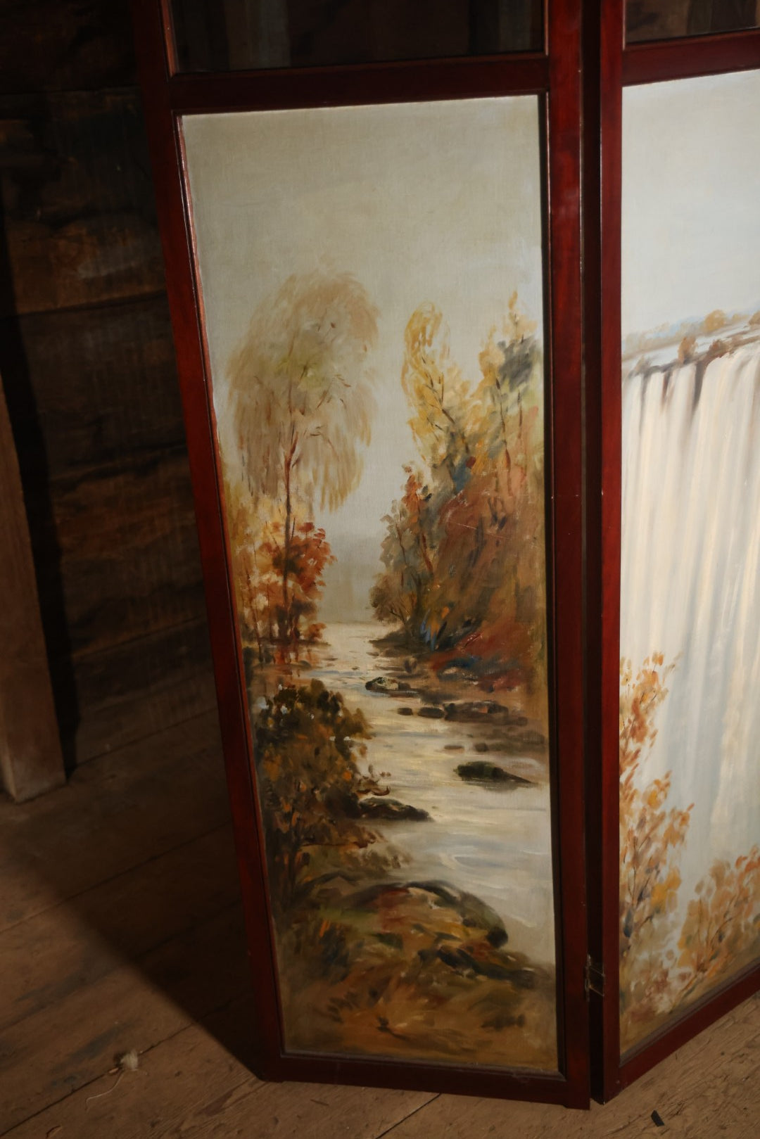 Antique Three Section Room Divider Screen With Hand Painted Scenes Of Dogs, Including Pitbull Dog And Her Pups, Two Dogs Looking At Moon, Three Dogs Chasing Cat Up Tree, Artist Signed E. Underwood, 1908, Landscape, Waterfall Scenes On Verso