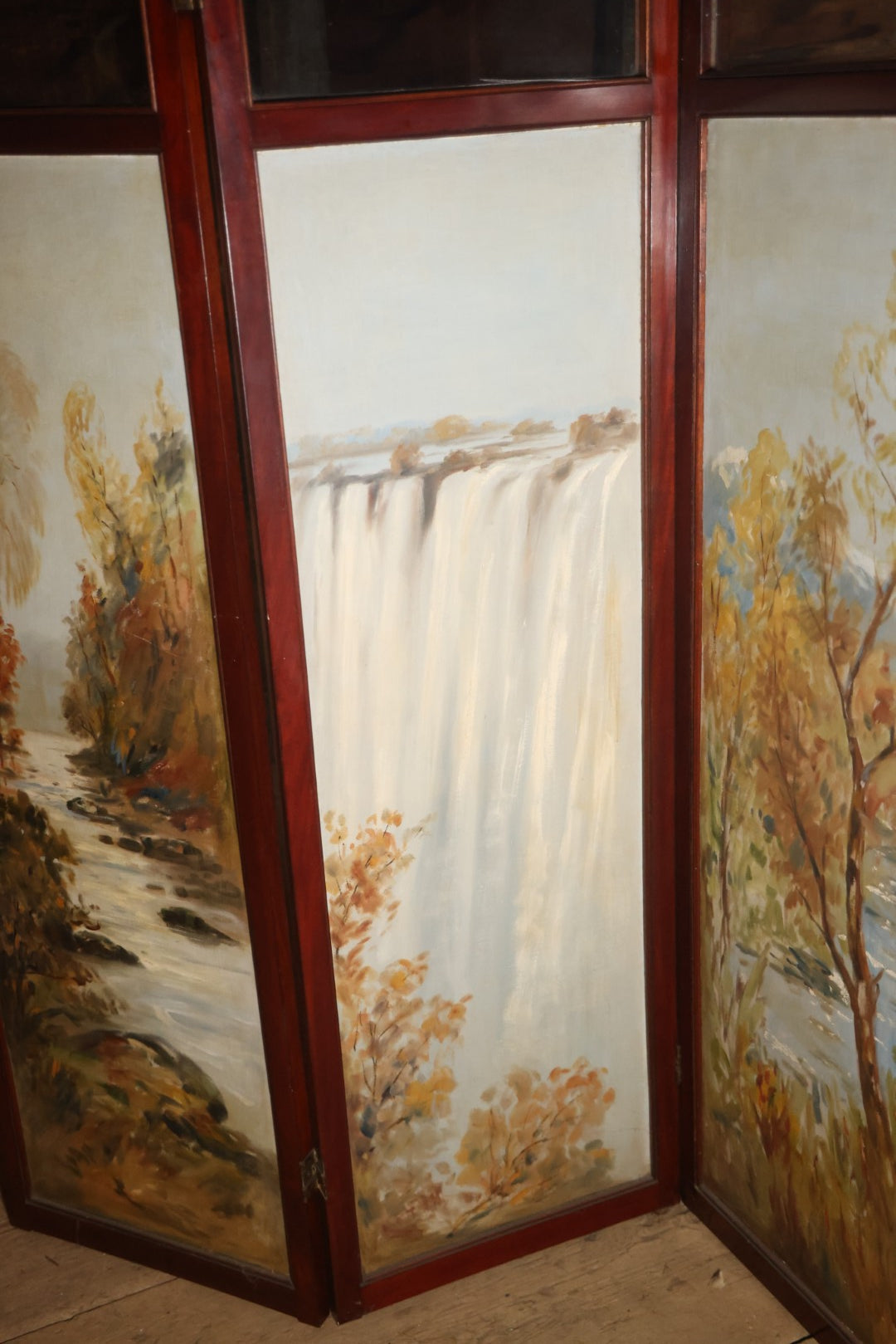 Antique Three Section Room Divider Screen With Hand Painted Scenes Of Dogs, Including Pitbull Dog And Her Pups, Two Dogs Looking At Moon, Three Dogs Chasing Cat Up Tree, Artist Signed E. Underwood, 1908, Landscape, Waterfall Scenes On Verso