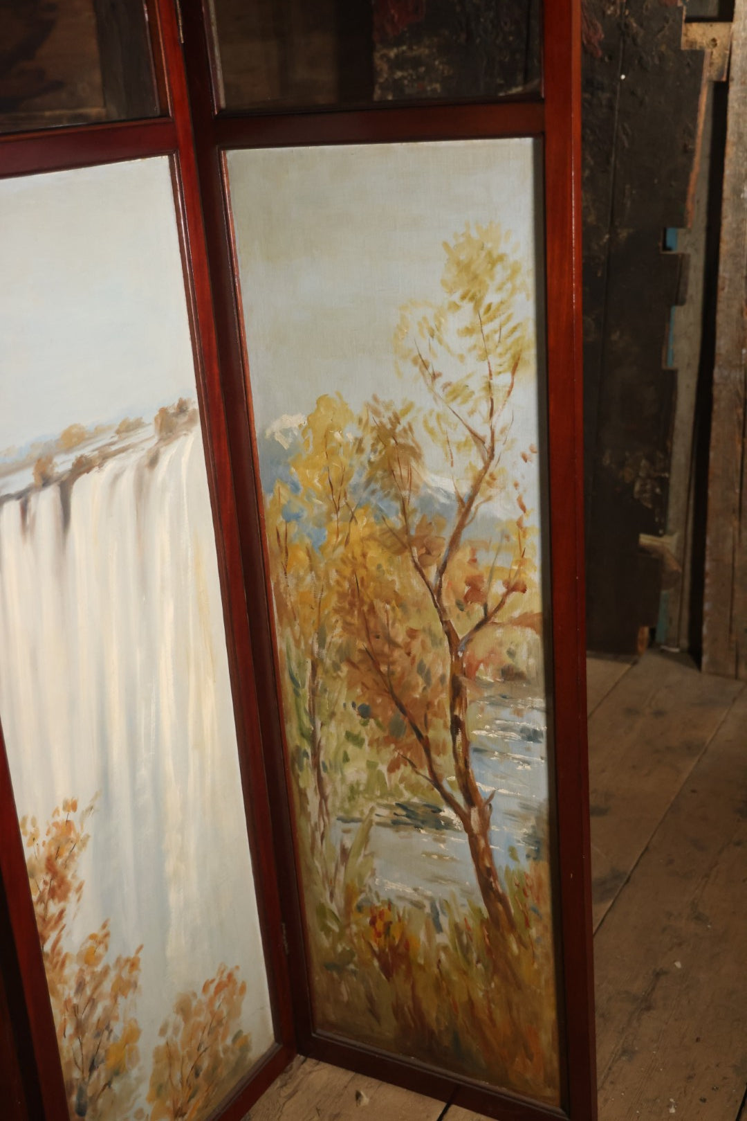 Antique Three Section Room Divider Screen With Hand Painted Scenes Of Dogs, Including Pitbull Dog And Her Pups, Two Dogs Looking At Moon, Three Dogs Chasing Cat Up Tree, Artist Signed E. Underwood, 1908, Landscape, Waterfall Scenes On Verso