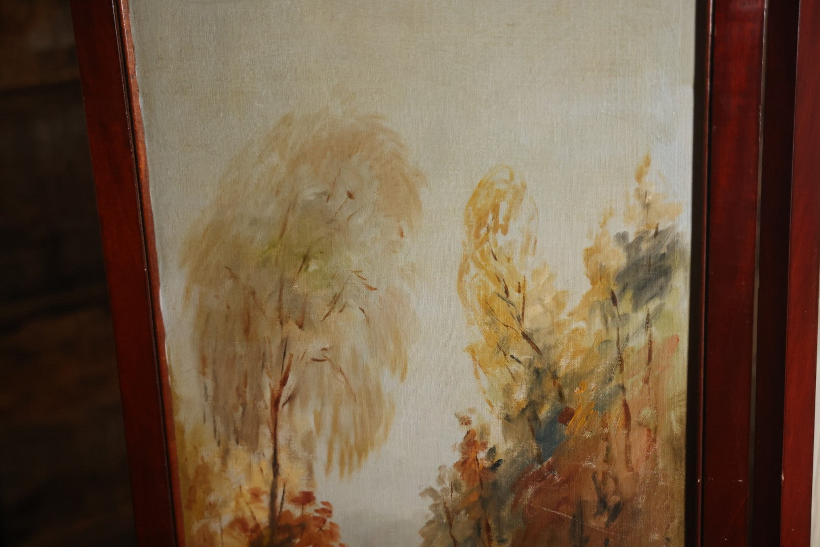 Antique Three Section Room Divider Screen With Hand Painted Scenes Of Dogs, Including Pitbull Dog And Her Pups, Two Dogs Looking At Moon, Three Dogs Chasing Cat Up Tree, Artist Signed E. Underwood, 1908, Landscape, Waterfall Scenes On Verso
