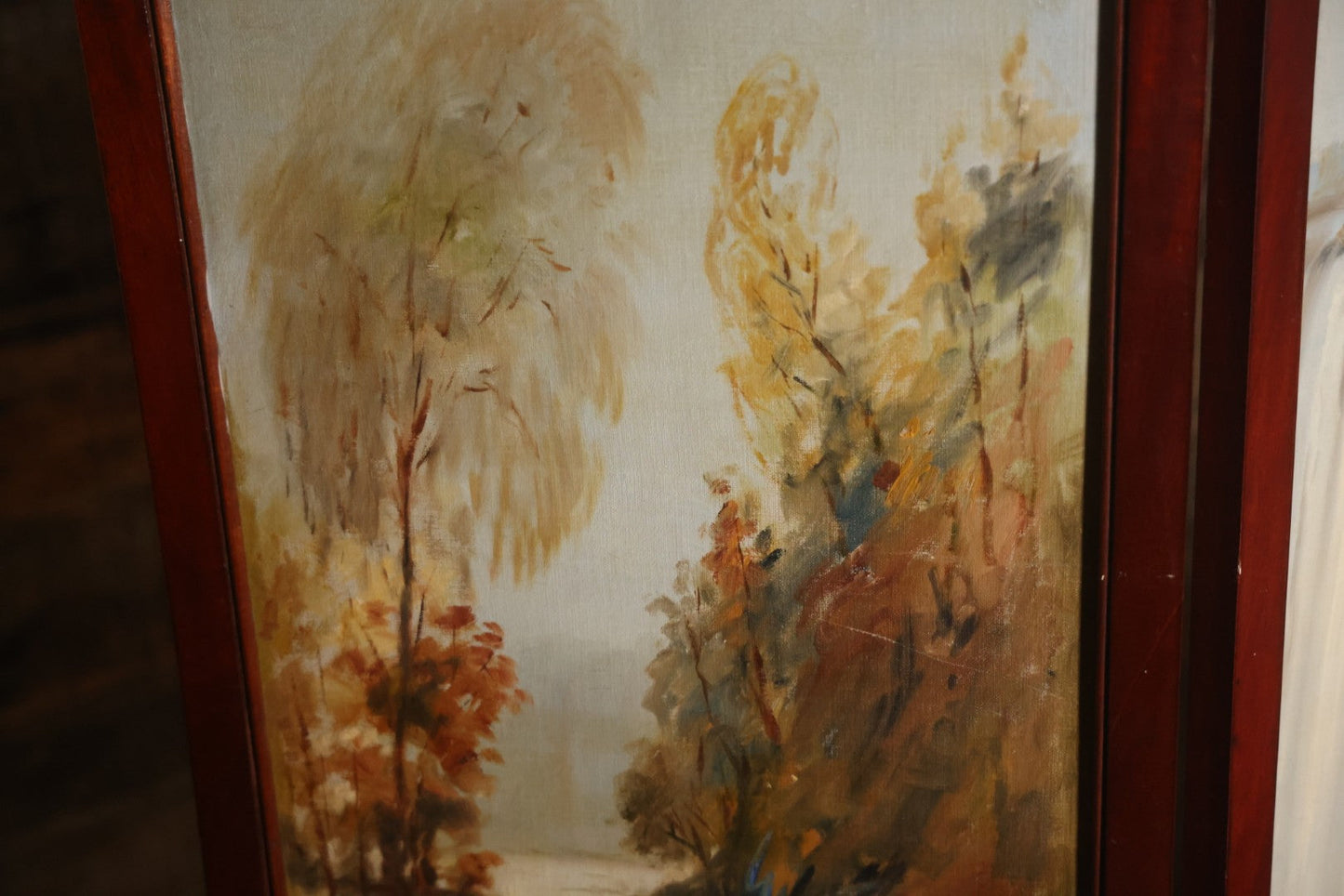 Antique Three Section Room Divider Screen With Hand Painted Scenes Of Dogs, Including Pitbull Dog And Her Pups, Two Dogs Looking At Moon, Three Dogs Chasing Cat Up Tree, Artist Signed E. Underwood, 1908, Landscape, Waterfall Scenes On Verso