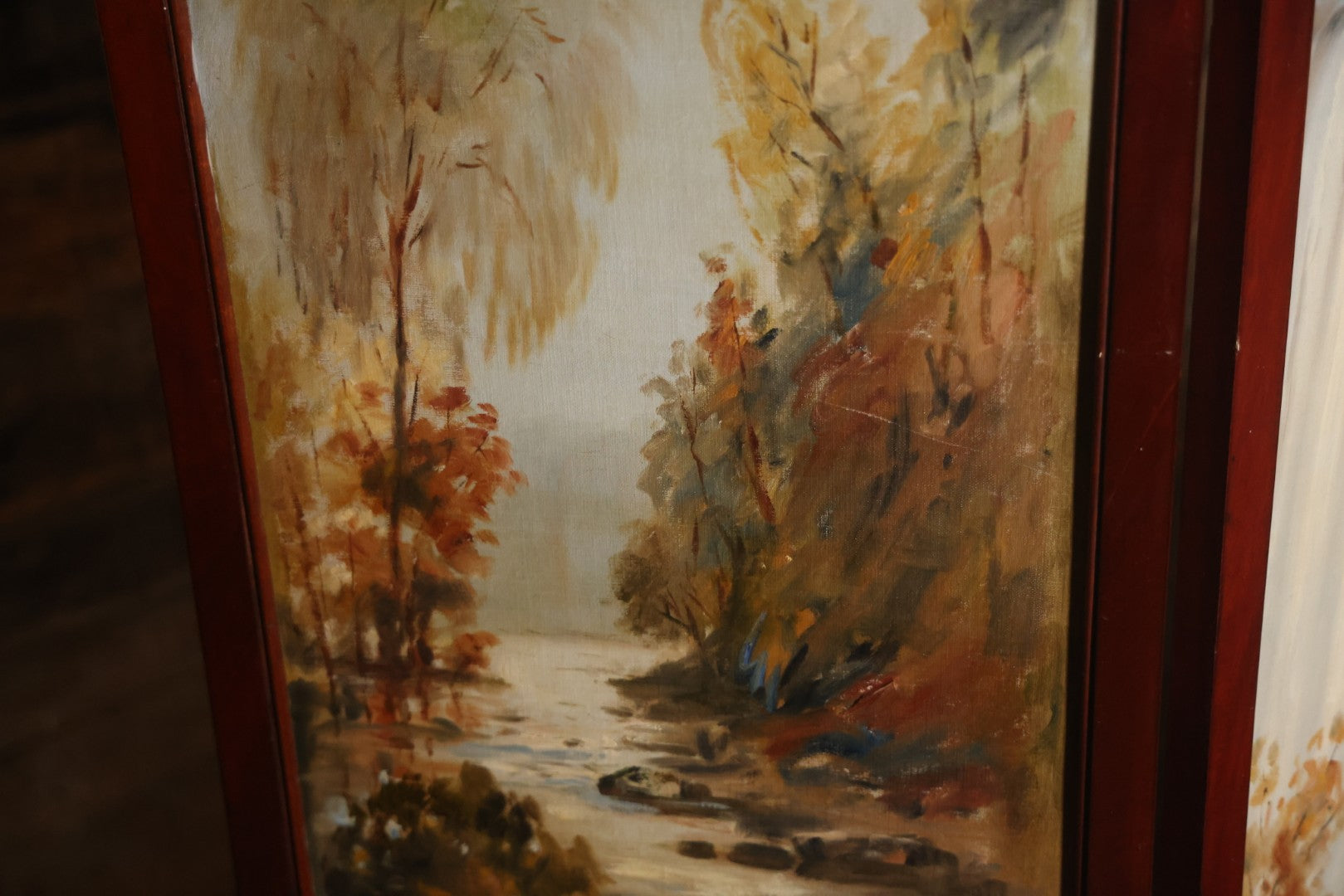 Antique Three Section Room Divider Screen With Hand Painted Scenes Of Dogs, Including Pitbull Dog And Her Pups, Two Dogs Looking At Moon, Three Dogs Chasing Cat Up Tree, Artist Signed E. Underwood, 1908, Landscape, Waterfall Scenes On Verso