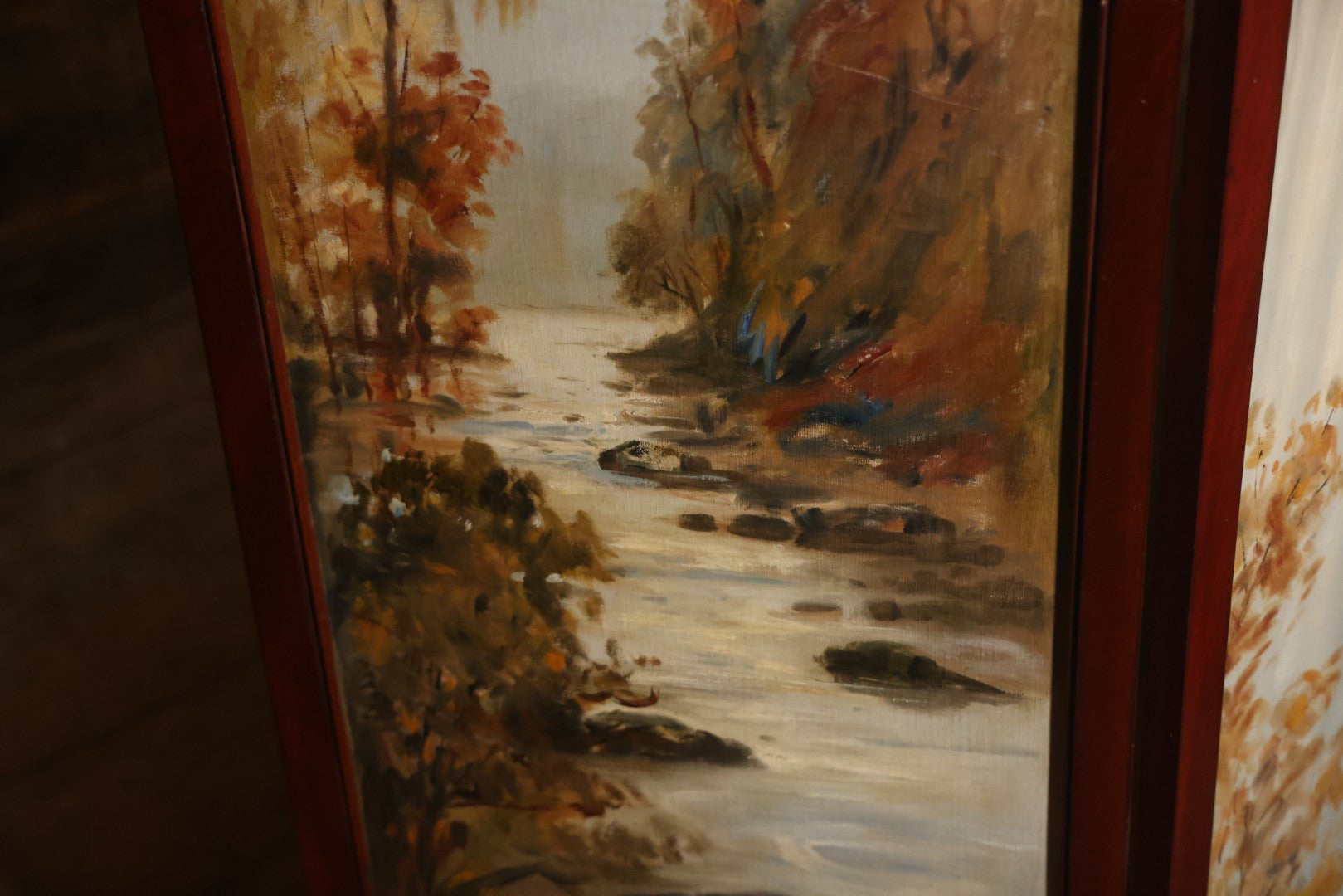 Antique Three Section Room Divider Screen With Hand Painted Scenes Of Dogs, Including Pitbull Dog And Her Pups, Two Dogs Looking At Moon, Three Dogs Chasing Cat Up Tree, Artist Signed E. Underwood, 1908, Landscape, Waterfall Scenes On Verso
