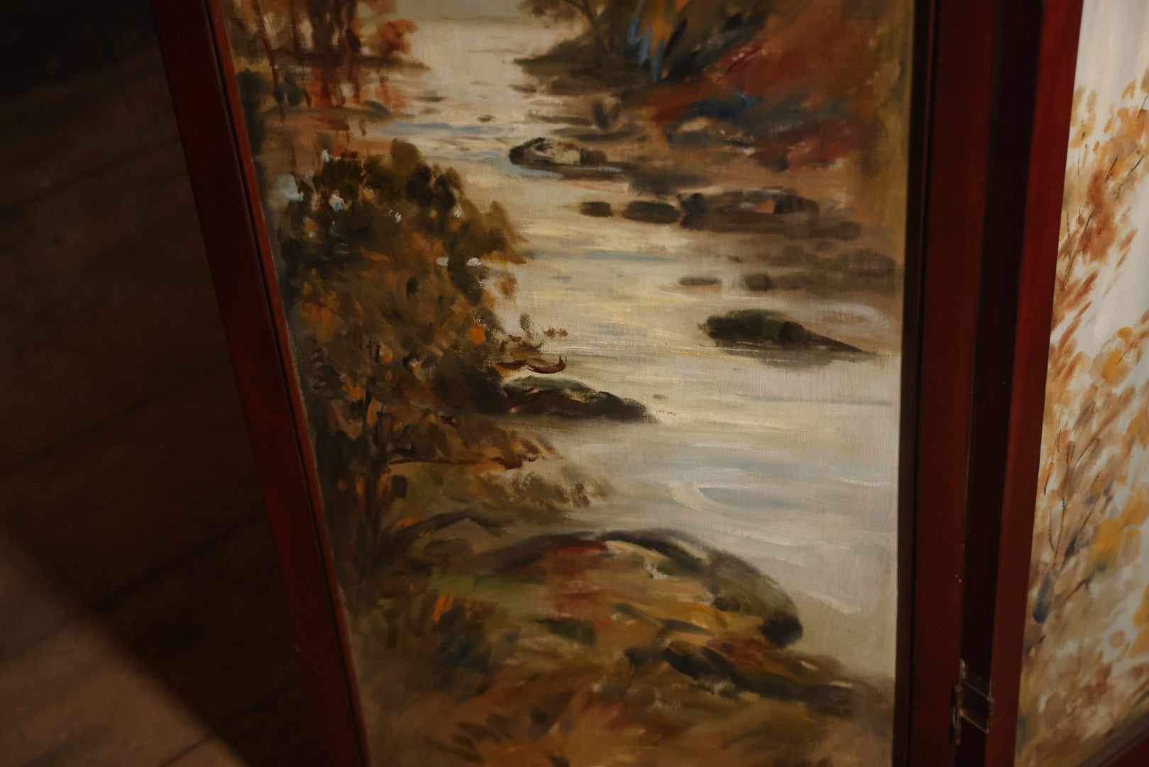 Antique Three Section Room Divider Screen With Hand Painted Scenes Of Dogs, Including Pitbull Dog And Her Pups, Two Dogs Looking At Moon, Three Dogs Chasing Cat Up Tree, Artist Signed E. Underwood, 1908, Landscape, Waterfall Scenes On Verso