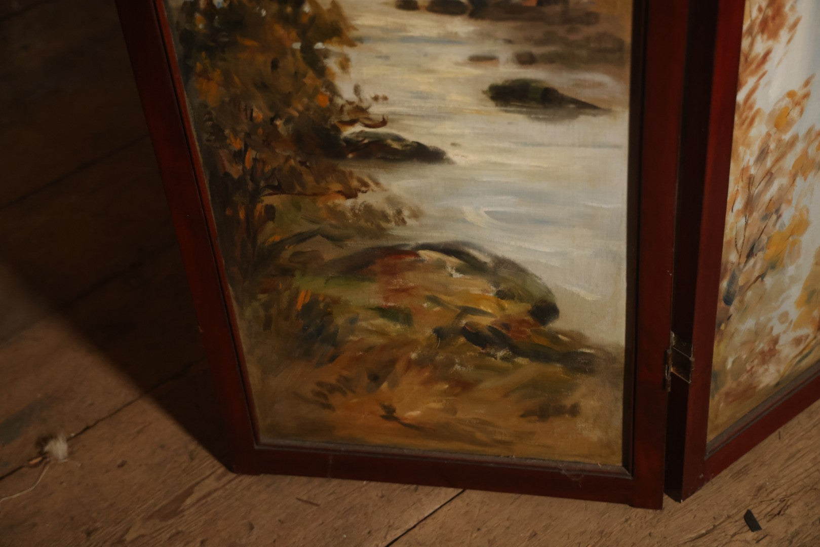 Antique Three Section Room Divider Screen With Hand Painted Scenes Of Dogs, Including Pitbull Dog And Her Pups, Two Dogs Looking At Moon, Three Dogs Chasing Cat Up Tree, Artist Signed E. Underwood, 1908, Landscape, Waterfall Scenes On Verso