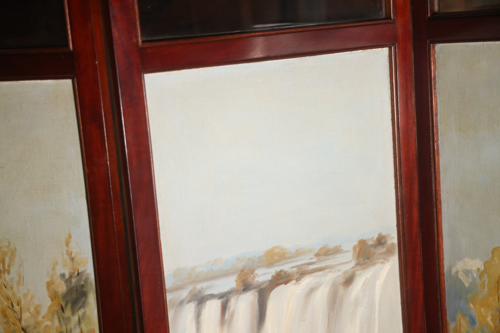 Antique Three Section Room Divider Screen With Hand Painted Scenes Of Dogs, Including Pitbull Dog And Her Pups, Two Dogs Looking At Moon, Three Dogs Chasing Cat Up Tree, Artist Signed E. Underwood, 1908, Landscape, Waterfall Scenes On Verso