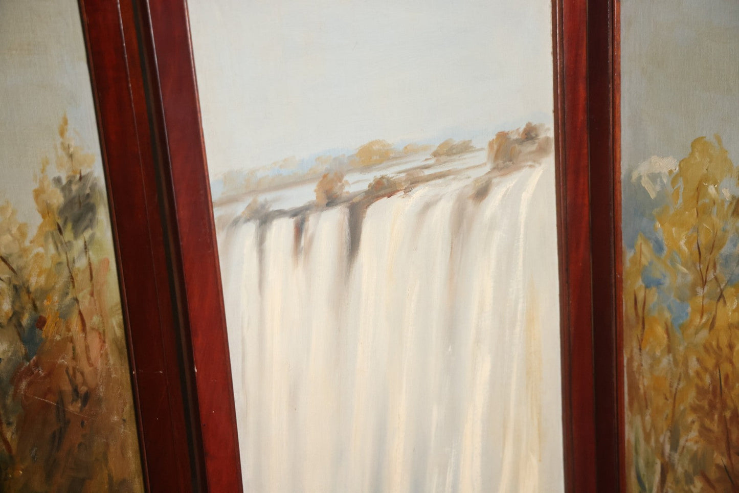 Antique Three Section Room Divider Screen With Hand Painted Scenes Of Dogs, Including Pitbull Dog And Her Pups, Two Dogs Looking At Moon, Three Dogs Chasing Cat Up Tree, Artist Signed E. Underwood, 1908, Landscape, Waterfall Scenes On Verso
