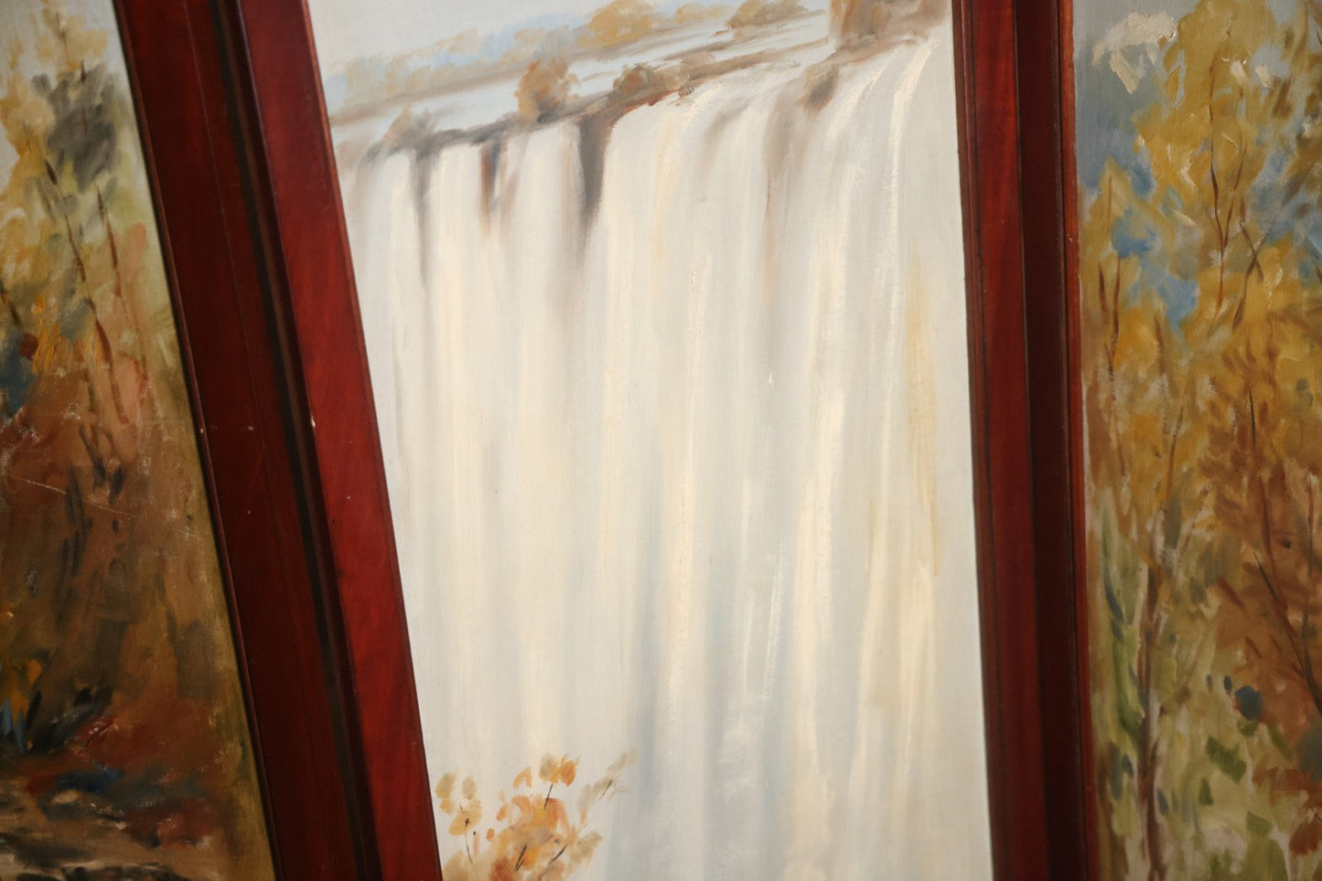 Antique Three Section Room Divider Screen With Hand Painted Scenes Of Dogs, Including Pitbull Dog And Her Pups, Two Dogs Looking At Moon, Three Dogs Chasing Cat Up Tree, Artist Signed E. Underwood, 1908, Landscape, Waterfall Scenes On Verso