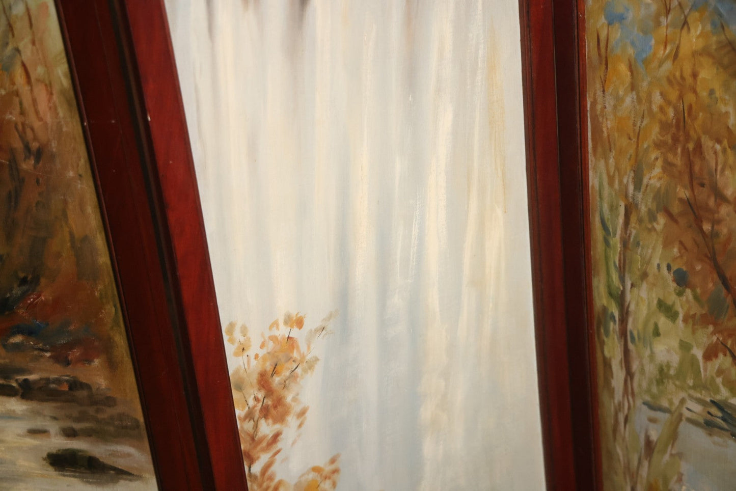 Antique Three Section Room Divider Screen With Hand Painted Scenes Of Dogs, Including Pitbull Dog And Her Pups, Two Dogs Looking At Moon, Three Dogs Chasing Cat Up Tree, Artist Signed E. Underwood, 1908, Landscape, Waterfall Scenes On Verso