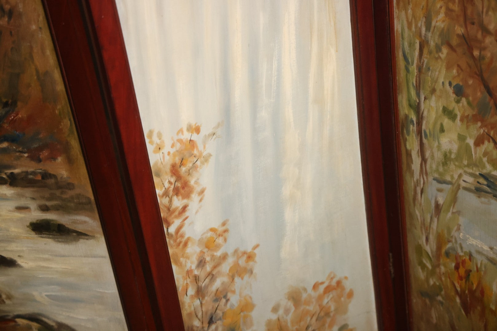 Antique Three Section Room Divider Screen With Hand Painted Scenes Of Dogs, Including Pitbull Dog And Her Pups, Two Dogs Looking At Moon, Three Dogs Chasing Cat Up Tree, Artist Signed E. Underwood, 1908, Landscape, Waterfall Scenes On Verso