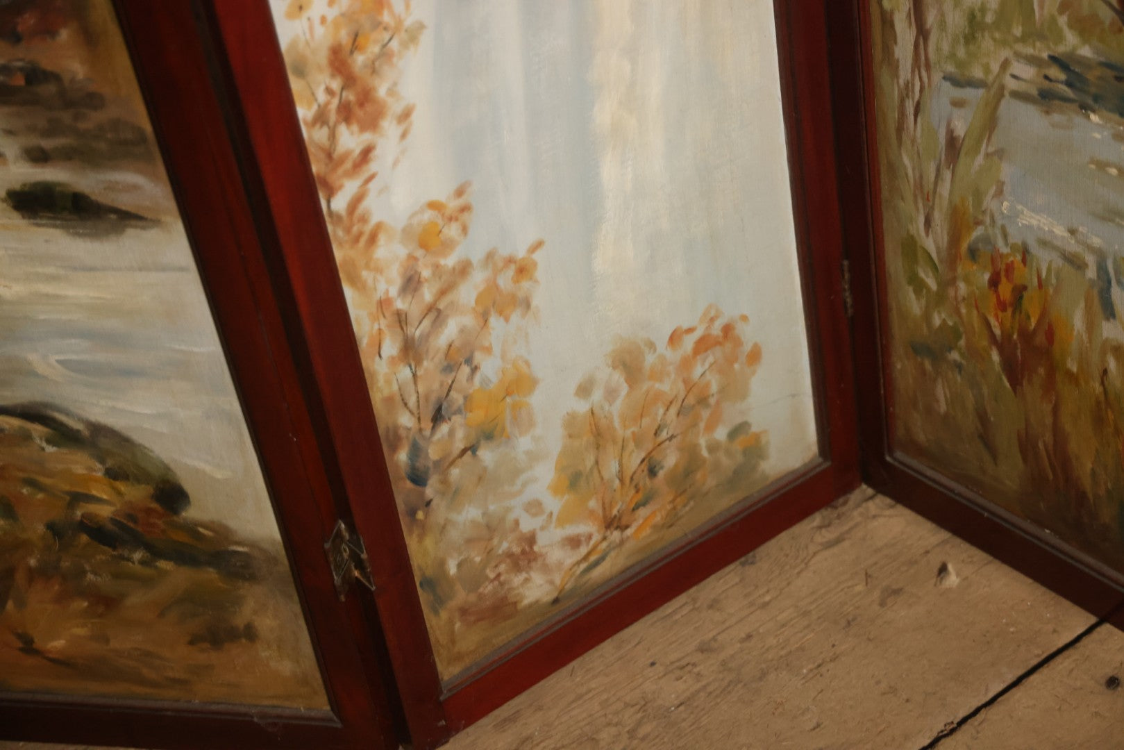 Antique Three Section Room Divider Screen With Hand Painted Scenes Of Dogs, Including Pitbull Dog And Her Pups, Two Dogs Looking At Moon, Three Dogs Chasing Cat Up Tree, Artist Signed E. Underwood, 1908, Landscape, Waterfall Scenes On Verso
