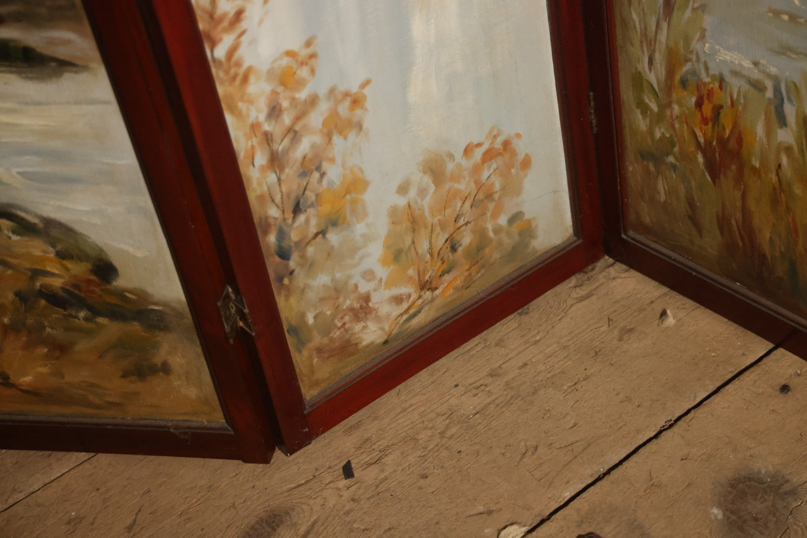 Antique Three Section Room Divider Screen With Hand Painted Scenes Of Dogs, Including Pitbull Dog And Her Pups, Two Dogs Looking At Moon, Three Dogs Chasing Cat Up Tree, Artist Signed E. Underwood, 1908, Landscape, Waterfall Scenes On Verso