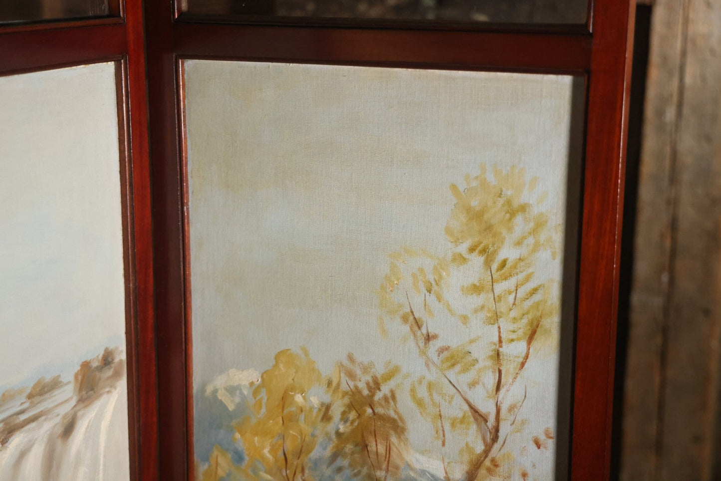 Antique Three Section Room Divider Screen With Hand Painted Scenes Of Dogs, Including Pitbull Dog And Her Pups, Two Dogs Looking At Moon, Three Dogs Chasing Cat Up Tree, Artist Signed E. Underwood, 1908, Landscape, Waterfall Scenes On Verso