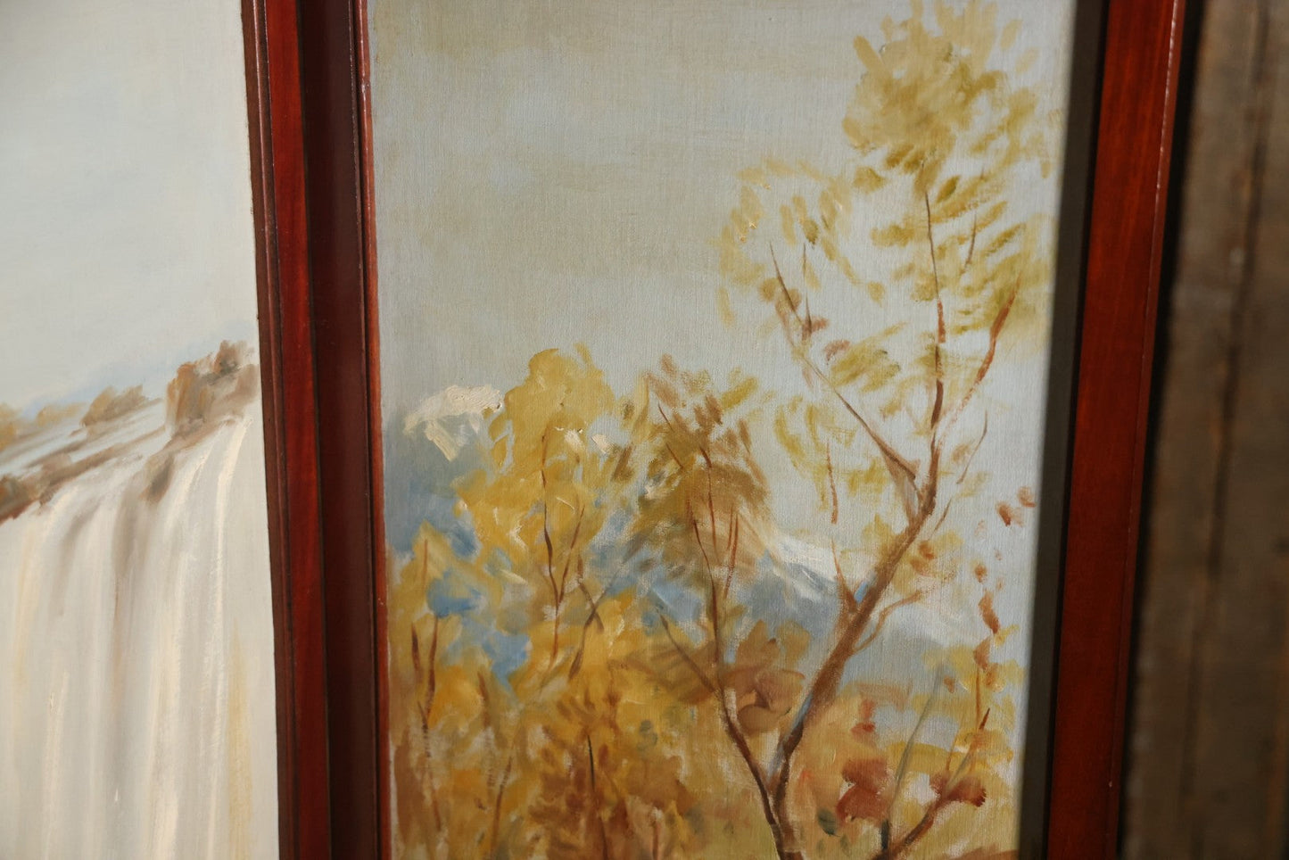 Antique Three Section Room Divider Screen With Hand Painted Scenes Of Dogs, Including Pitbull Dog And Her Pups, Two Dogs Looking At Moon, Three Dogs Chasing Cat Up Tree, Artist Signed E. Underwood, 1908, Landscape, Waterfall Scenes On Verso