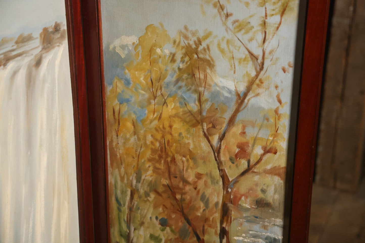 Antique Three Section Room Divider Screen With Hand Painted Scenes Of Dogs, Including Pitbull Dog And Her Pups, Two Dogs Looking At Moon, Three Dogs Chasing Cat Up Tree, Artist Signed E. Underwood, 1908, Landscape, Waterfall Scenes On Verso
