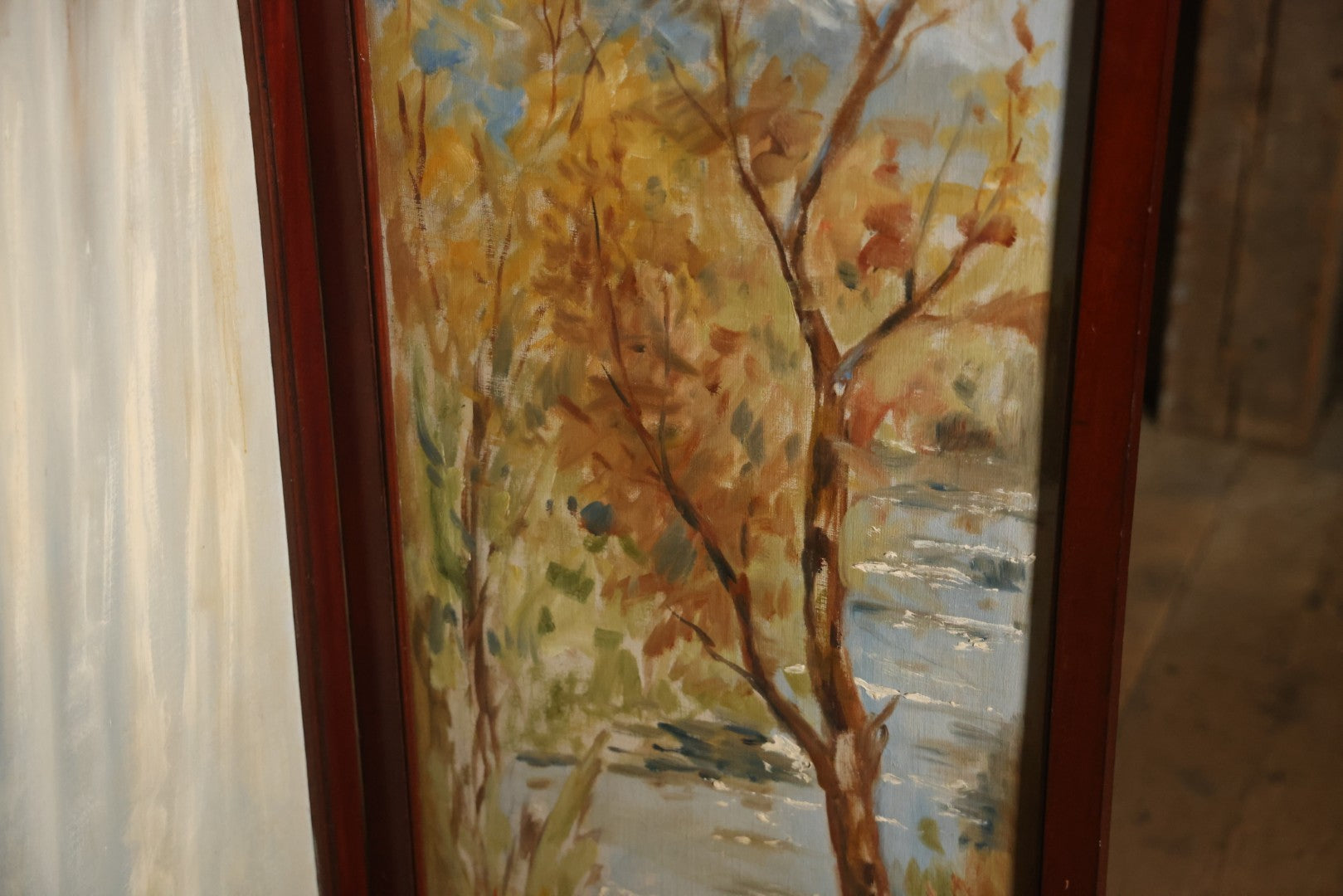 Antique Three Section Room Divider Screen With Hand Painted Scenes Of Dogs, Including Pitbull Dog And Her Pups, Two Dogs Looking At Moon, Three Dogs Chasing Cat Up Tree, Artist Signed E. Underwood, 1908, Landscape, Waterfall Scenes On Verso