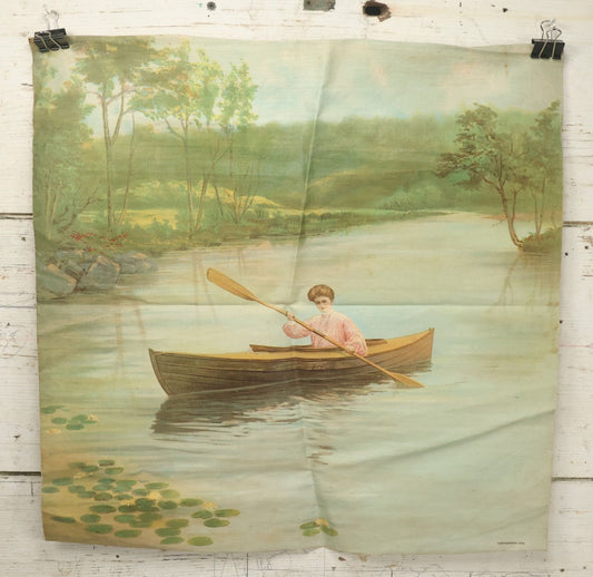 Lot 004 - Antique Lithograph On Linen Of A Woman Canoeing, Copyright 1904, 22-3/4" x 23"