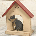 Lot 025 - Vintage Folk Art Boston Terrier Hand Painted, Hand Cut Wooden Door Stop With White House, Red Roof, Single Dog With Collar And Chain, Note Damaged Foot
