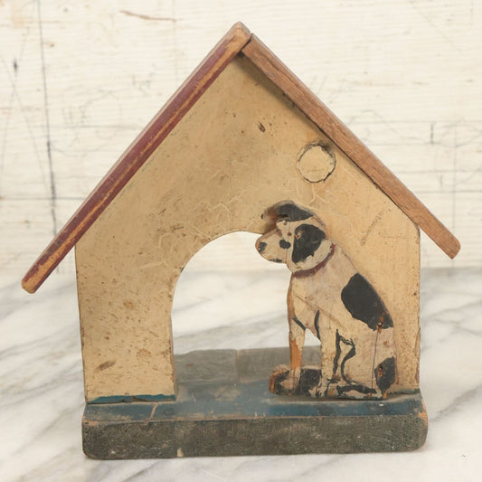 Lot 026 - Vintage Folk Art Spotty Dog Hand Painted, Hand Cut Wooden Door Stop With White House, Red Roof, Note Damage To Roof