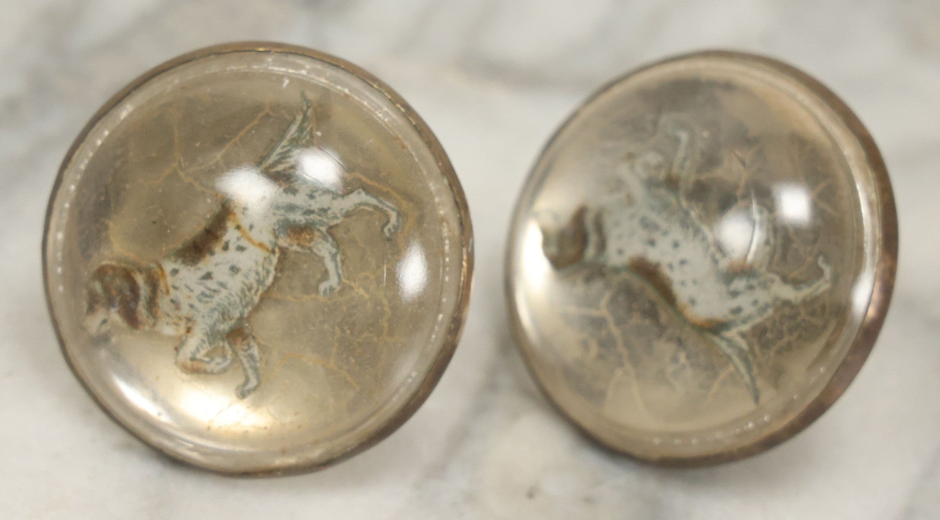 Lot 029 - Pair Of Antique Reverse Painted Glass Knobs With Hunting Dog Paintings, Screw Backs