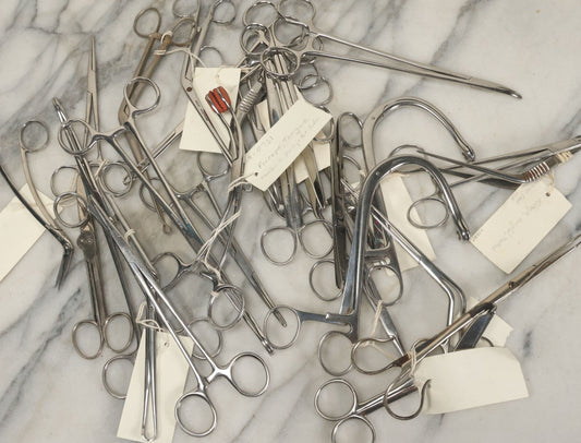 Lot 052 - Grouping Of 25+ Vintage Medical Forceps Devices, Scissors, Etc., Many With Paper Identification Tags
