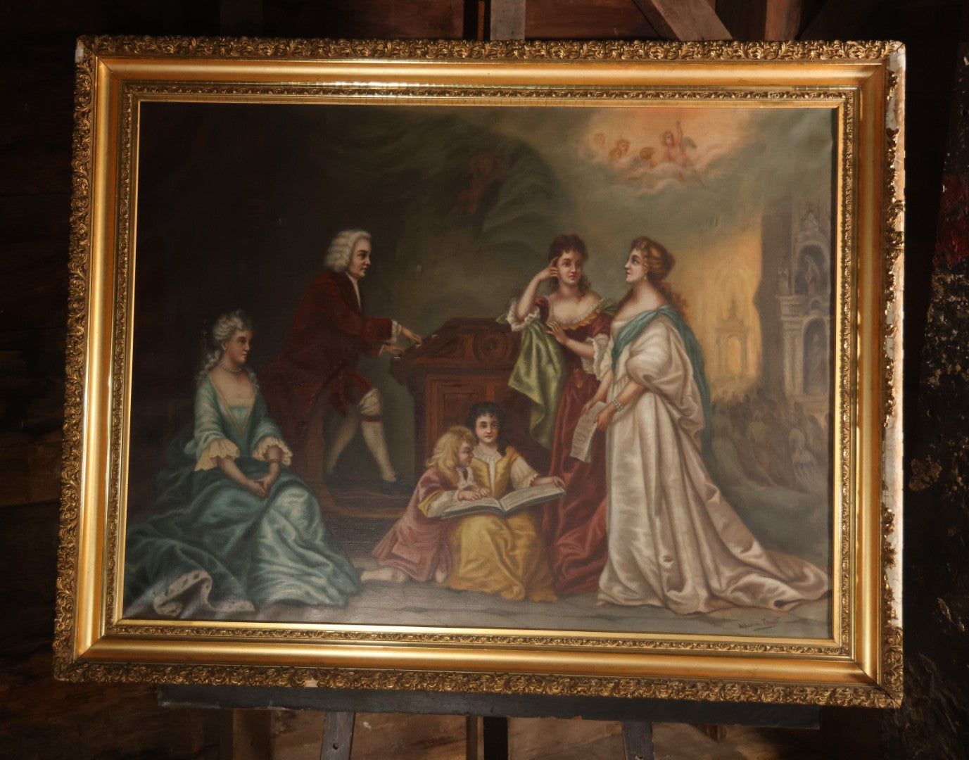 Oversized Antique Victorian Oil On Canvas Painting Of An Organ Player Playing Music, Teaching Three Beautiful Women And Two Children, With Cherubs, Allegorical Scene, Artist Signed Alphonsine Thuot Ernst (1873-1952) Lower Right, 55-1/2" x 43-1/2"