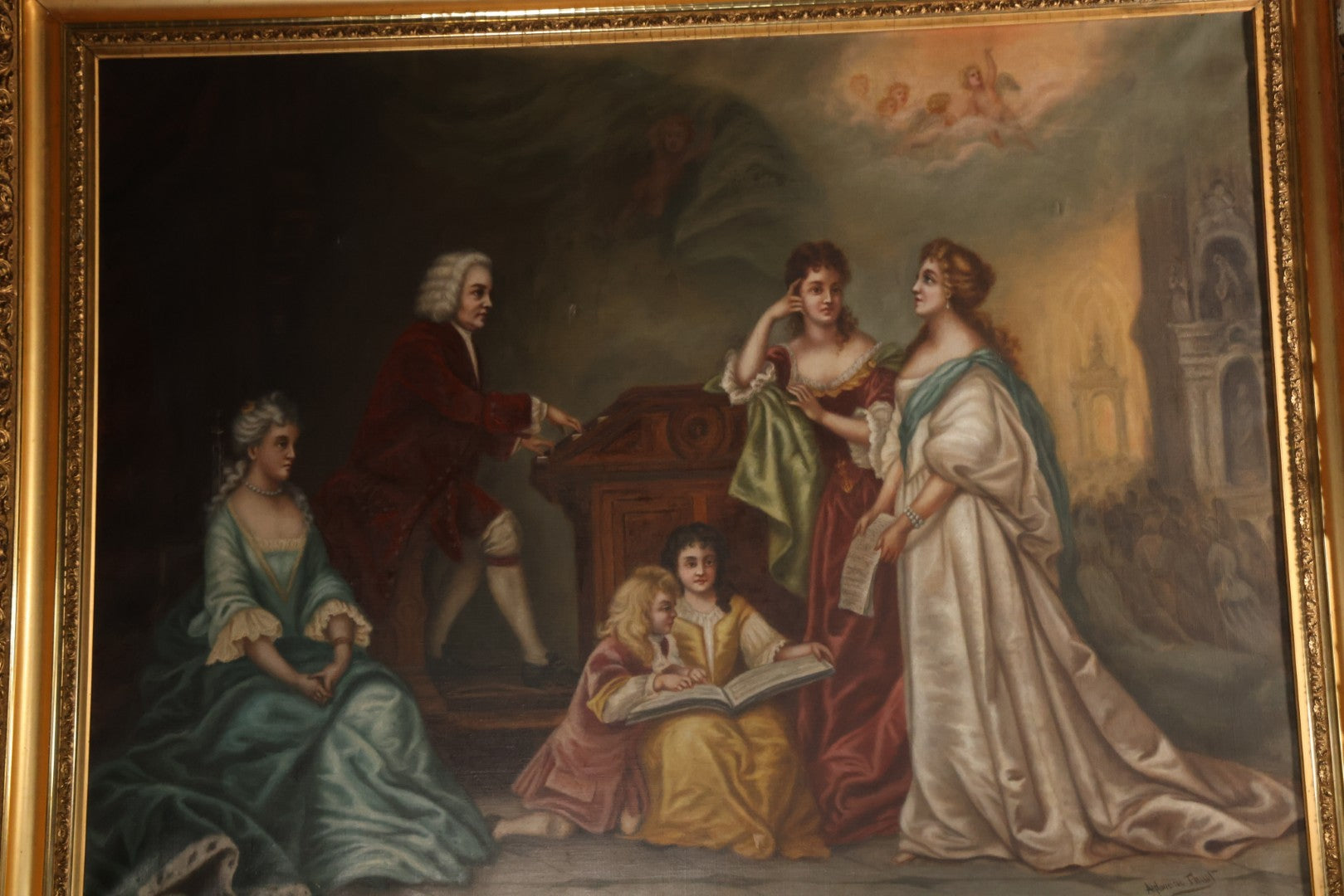 Oversized Antique Victorian Oil On Canvas Painting Of An Organ Player Playing Music, Teaching Three Beautiful Women And Two Children, With Cherubs, Allegorical Scene, Artist Signed Alphonsine Thuot Ernst (1873-1952) Lower Right, 55-1/2" x 43-1/2"