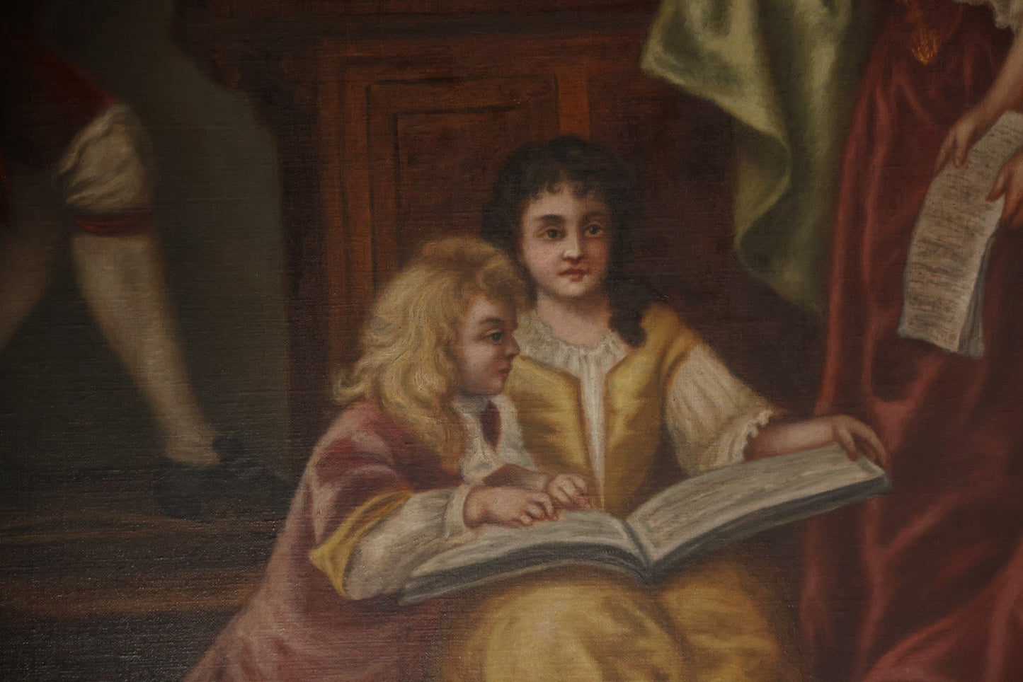 Oversized Antique Victorian Oil On Canvas Painting Of An Organ Player Playing Music, Teaching Three Beautiful Women And Two Children, With Cherubs, Allegorical Scene, Artist Signed Alphonsine Thuot Ernst (1873-1952) Lower Right, 55-1/2" x 43-1/2"