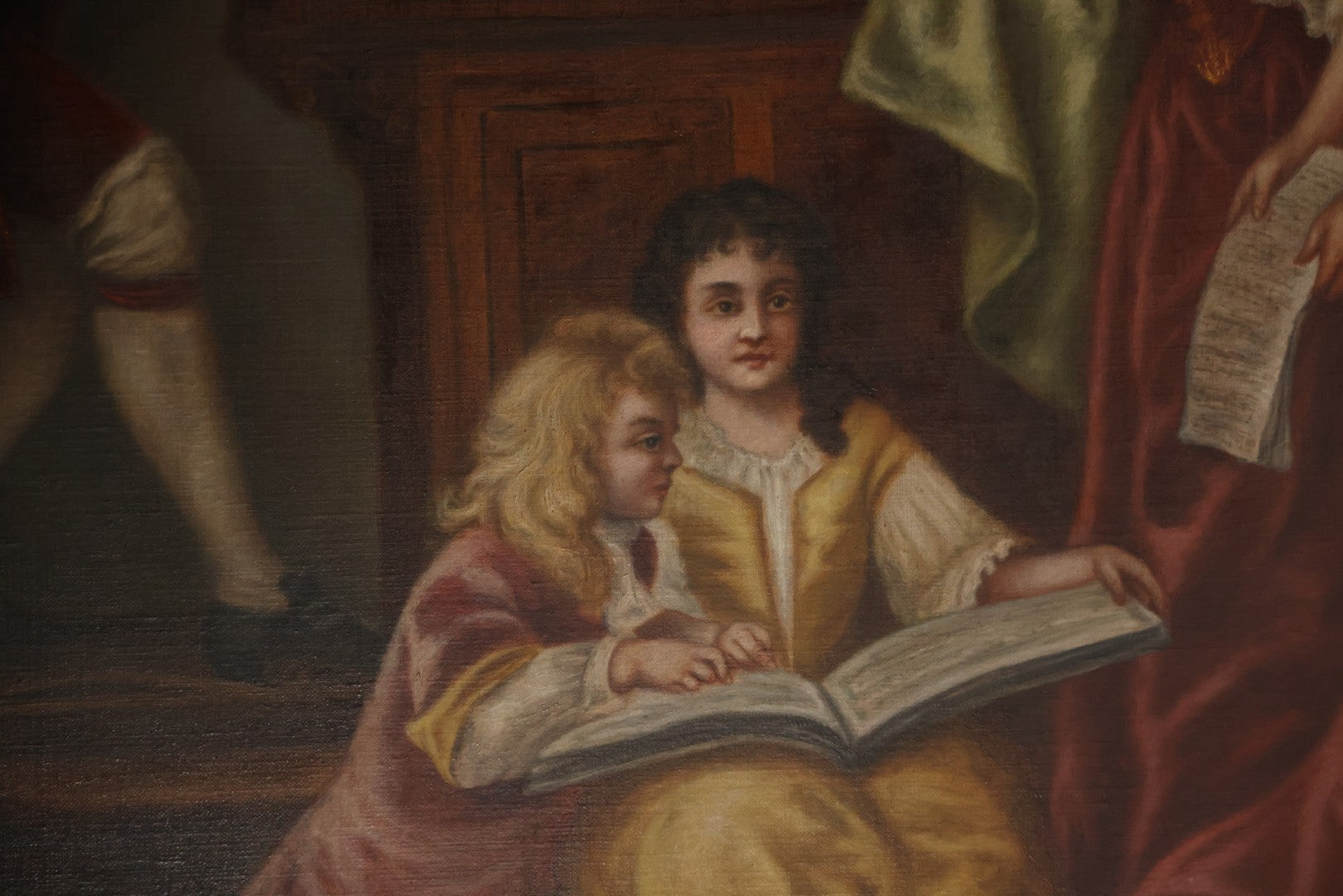 Oversized Antique Victorian Oil On Canvas Painting Of An Organ Player Playing Music, Teaching Three Beautiful Women And Two Children, With Cherubs, Allegorical Scene, Artist Signed Alphonsine Thuot Ernst (1873-1952) Lower Right, 55-1/2" x 43-1/2"