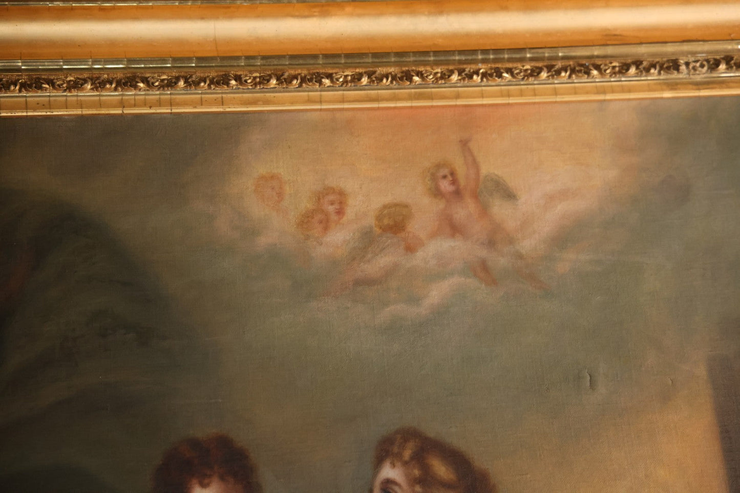 Oversized Antique Victorian Oil On Canvas Painting Of An Organ Player Playing Music, Teaching Three Beautiful Women And Two Children, With Cherubs, Allegorical Scene, Artist Signed Alphonsine Thuot Ernst (1873-1952) Lower Right, 55-1/2" x 43-1/2"